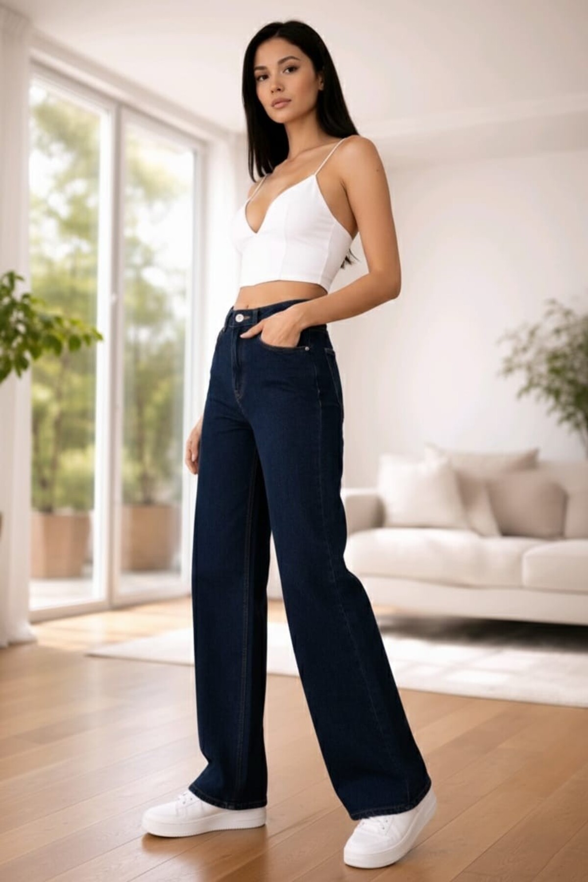 Ramrod  Camelia 90's Lacivert Likralı Süper Yüksek Bel Salaş Jeans Palazzo Pantolon - Görsel 6