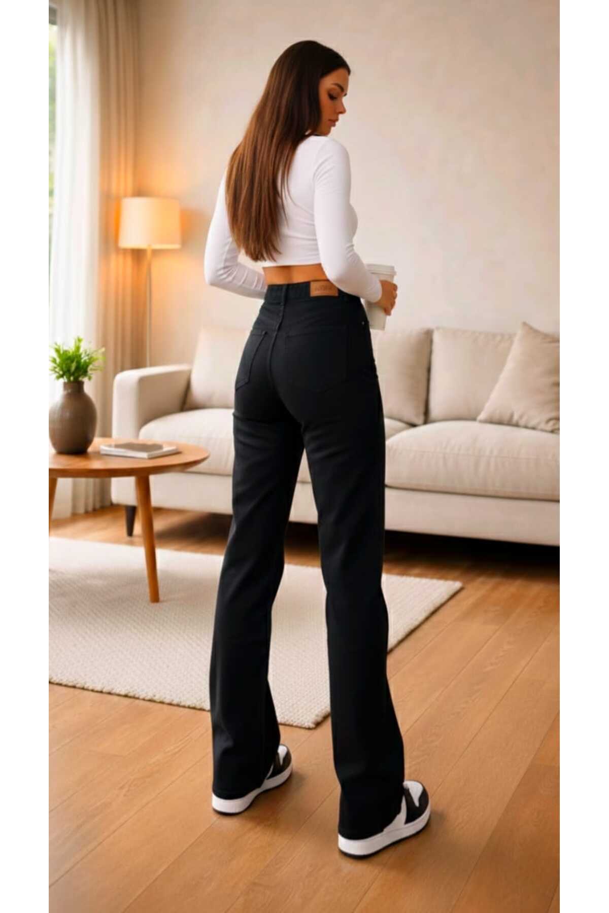 Ramrod Liza Siyah Likralı Süper Yüksek Bel Salaş Jeans Palazzo Pantolon. (SÜPER YÜKSEK) Wide Leg görsel 8