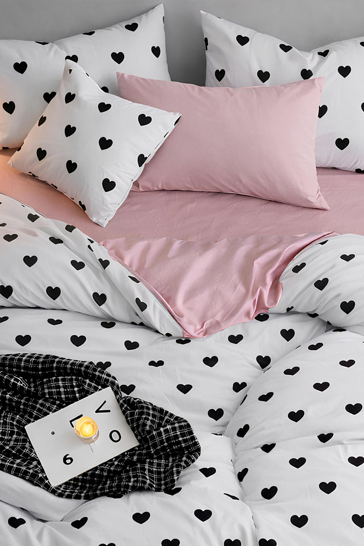 İQON Lastikli Çarşaflı Nevresim Takımı Tek Kişilik Kalpler Minik Siyah fotoğrafı 2 (önizleme)