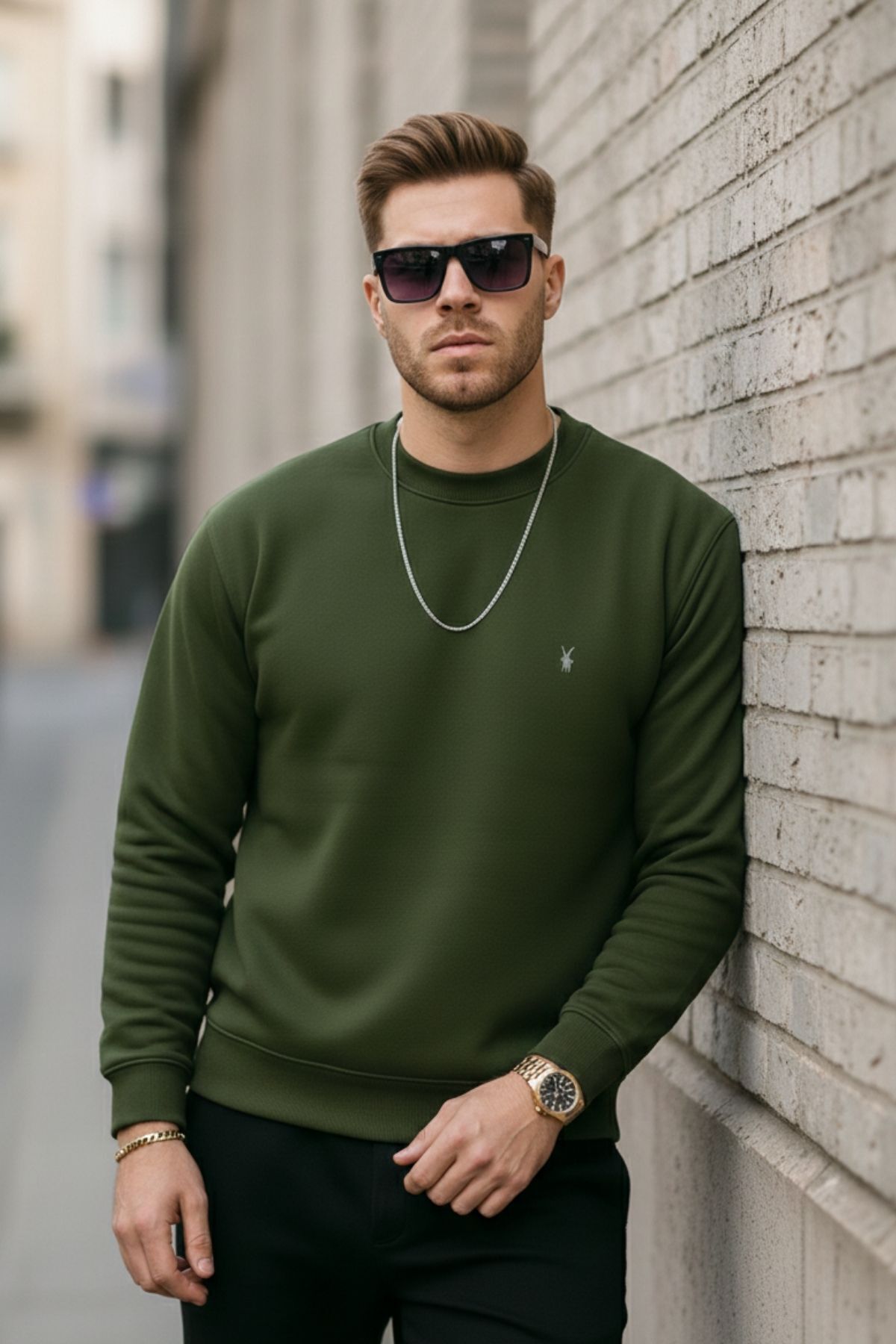 COMBİNE MİCHAİL  Haki Renk Basic Bisiklet Yaka Relaxed Regular Erkek Sweatshirt - Görsel 6