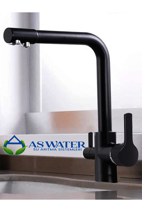 As Water Siyah Batarya Musluk Arıtmalı 3 Yollu Mutfak Evye Musluğu