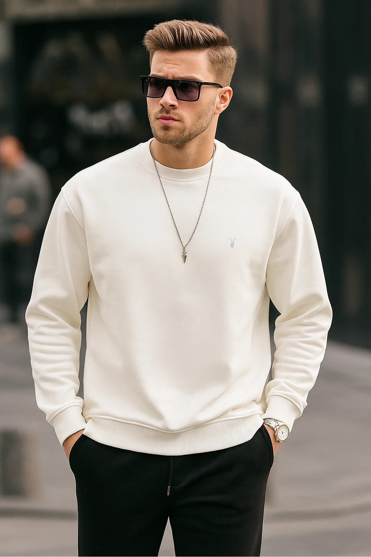 Ecru Color Basic Crew Neck Relaxed Regular Men's Sweatshirt