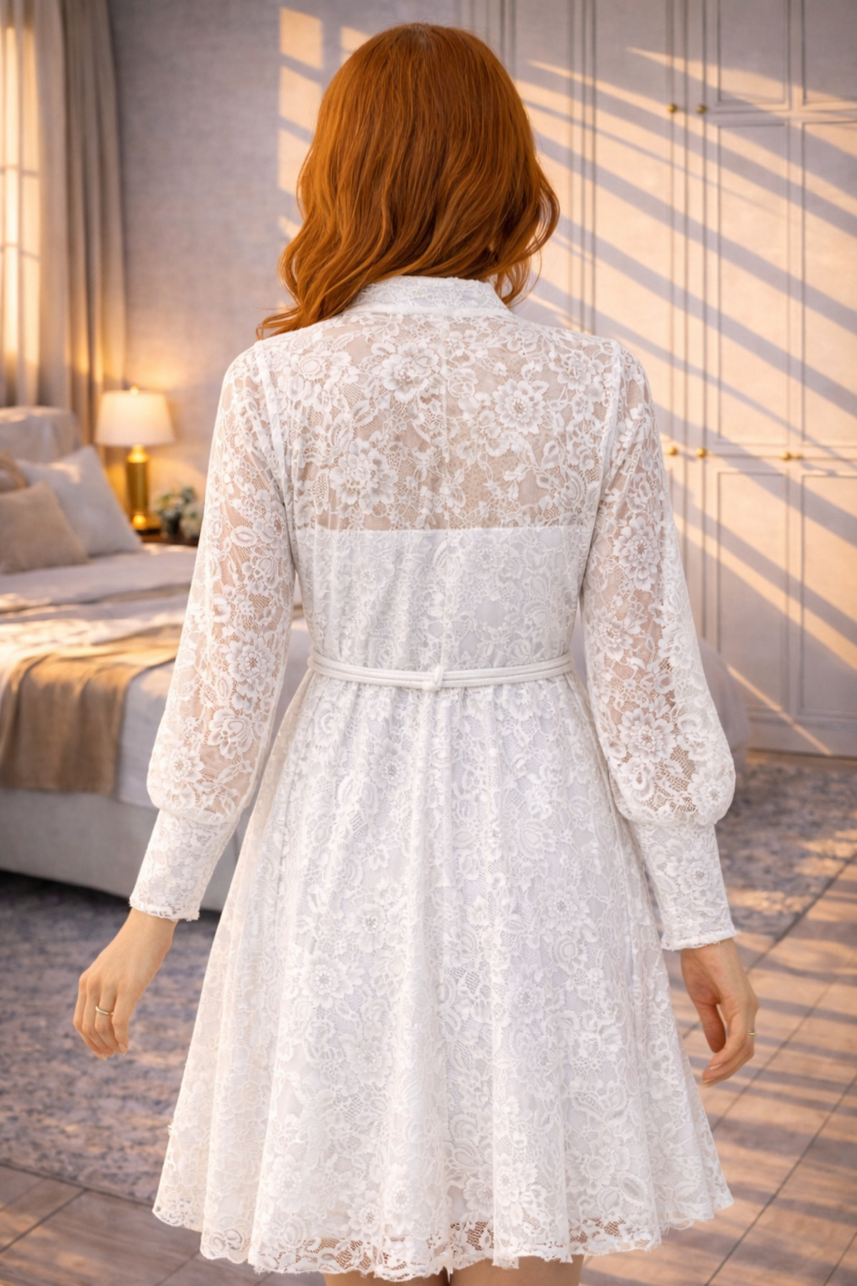 ahanora  Boydan düğmeli astarlı balon kol tül elbise - Görsel 5