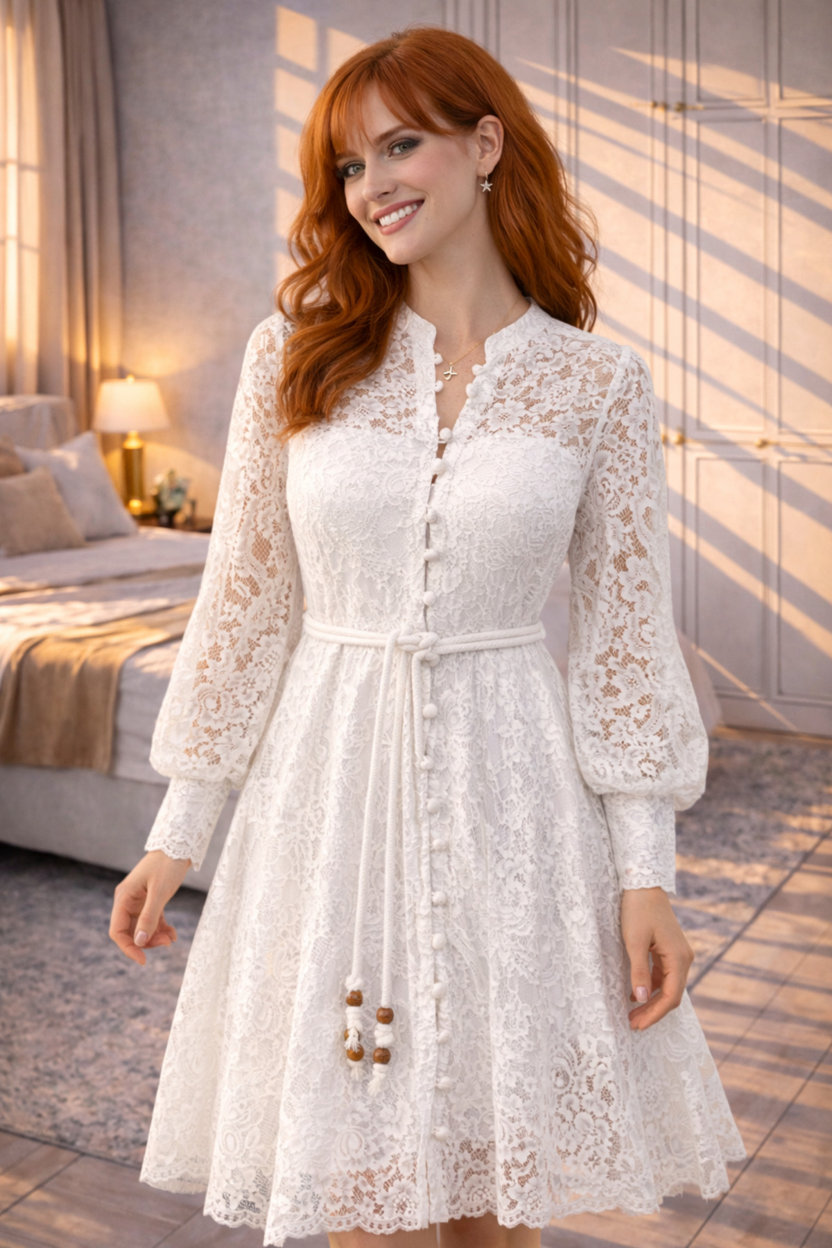 ahanora  Boydan düğmeli astarlı balon kol tül elbise - Görsel 4