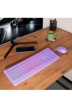 Everest KM-1500 Mor Kablosuz Rainbow Aydınlatmalı Q Multimedia Klavye + Mouse...