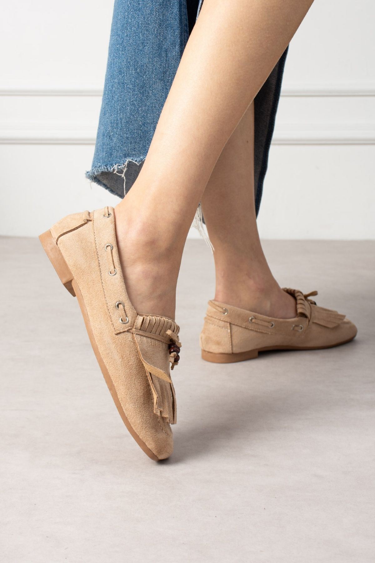 FUGA MODA Ravello Vizon Süet Boncuk Detaylı Püsküllü Bağcıklı Loafer Babet Günlük Ayakkabı görsel 4