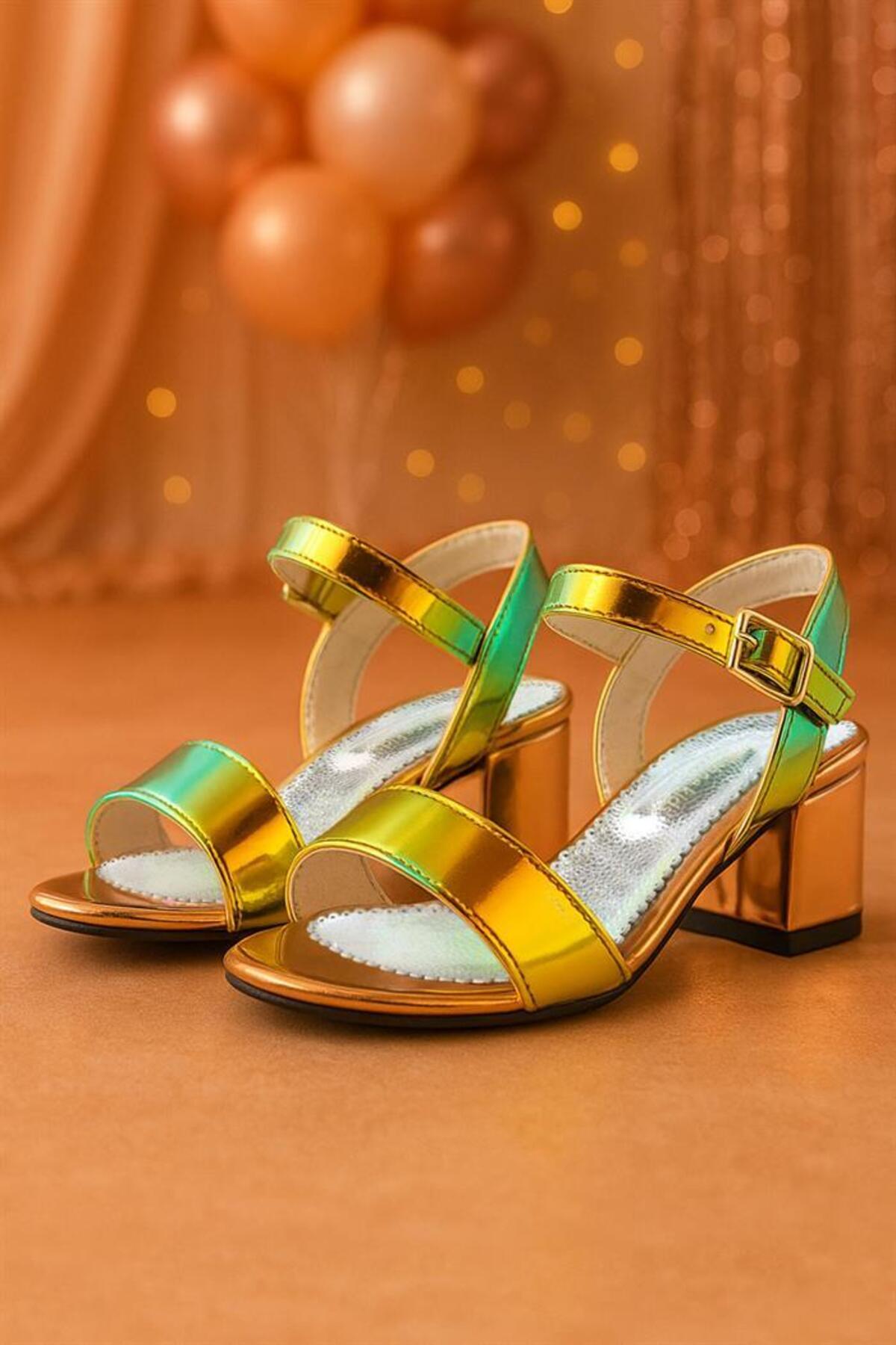 Pony Hologram Copper-Green Thick Heel Girls' Evening Shoes