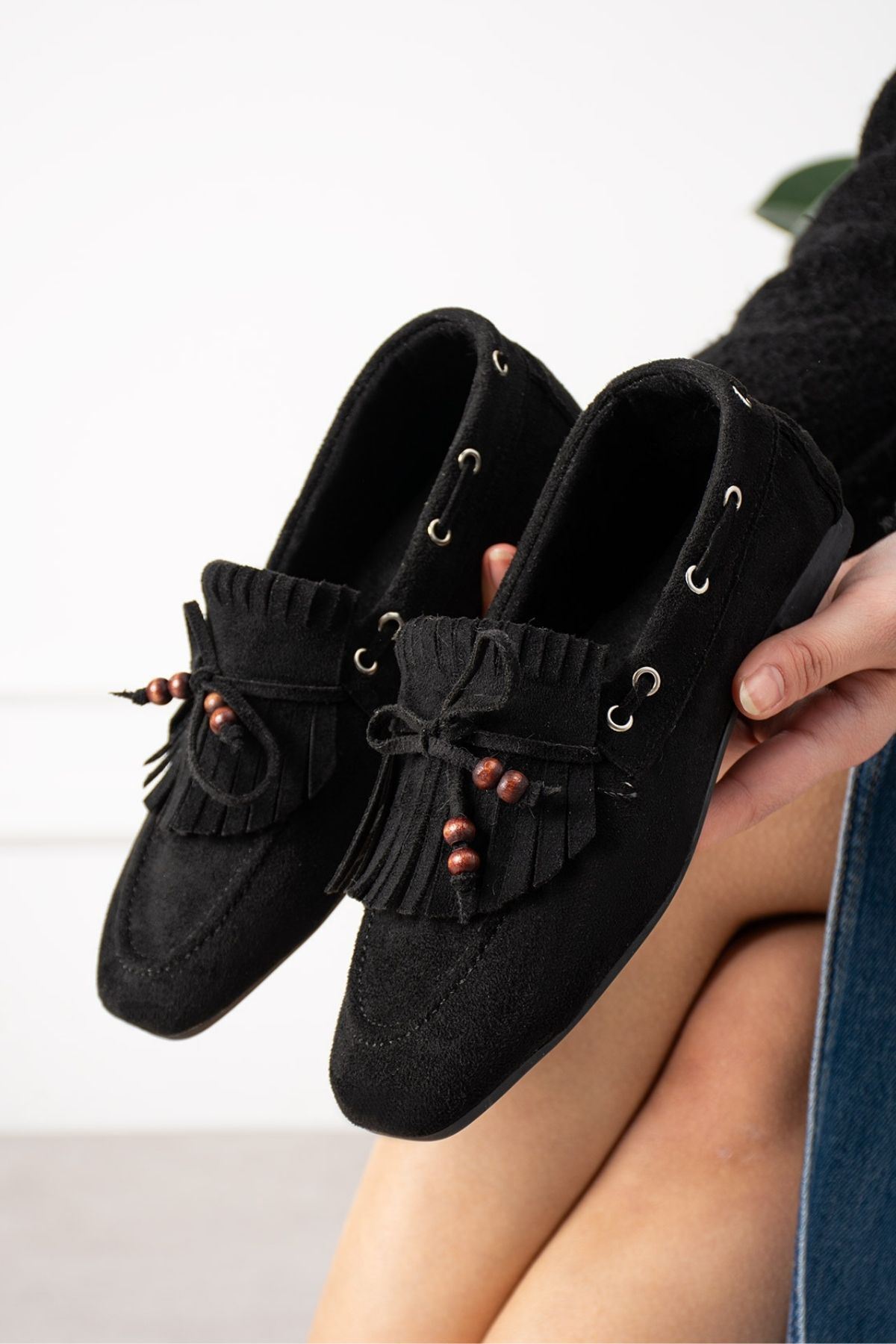 FUGA MODA Ravello Siyah Süet Boncuk Detaylı Püsküllü Bağcıklı Loafer Babet Günlük Ayakkabı görsel 3
