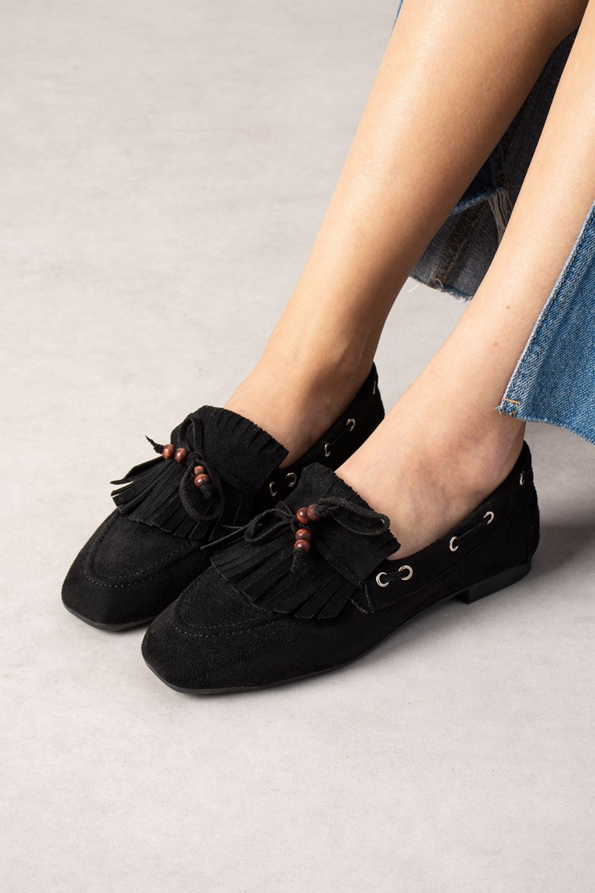 FUGA MODA Ravello Siyah Süet Boncuk Detaylı Püsküllü Bağcıklı Loafer Babet Günlük Ayakkabı
