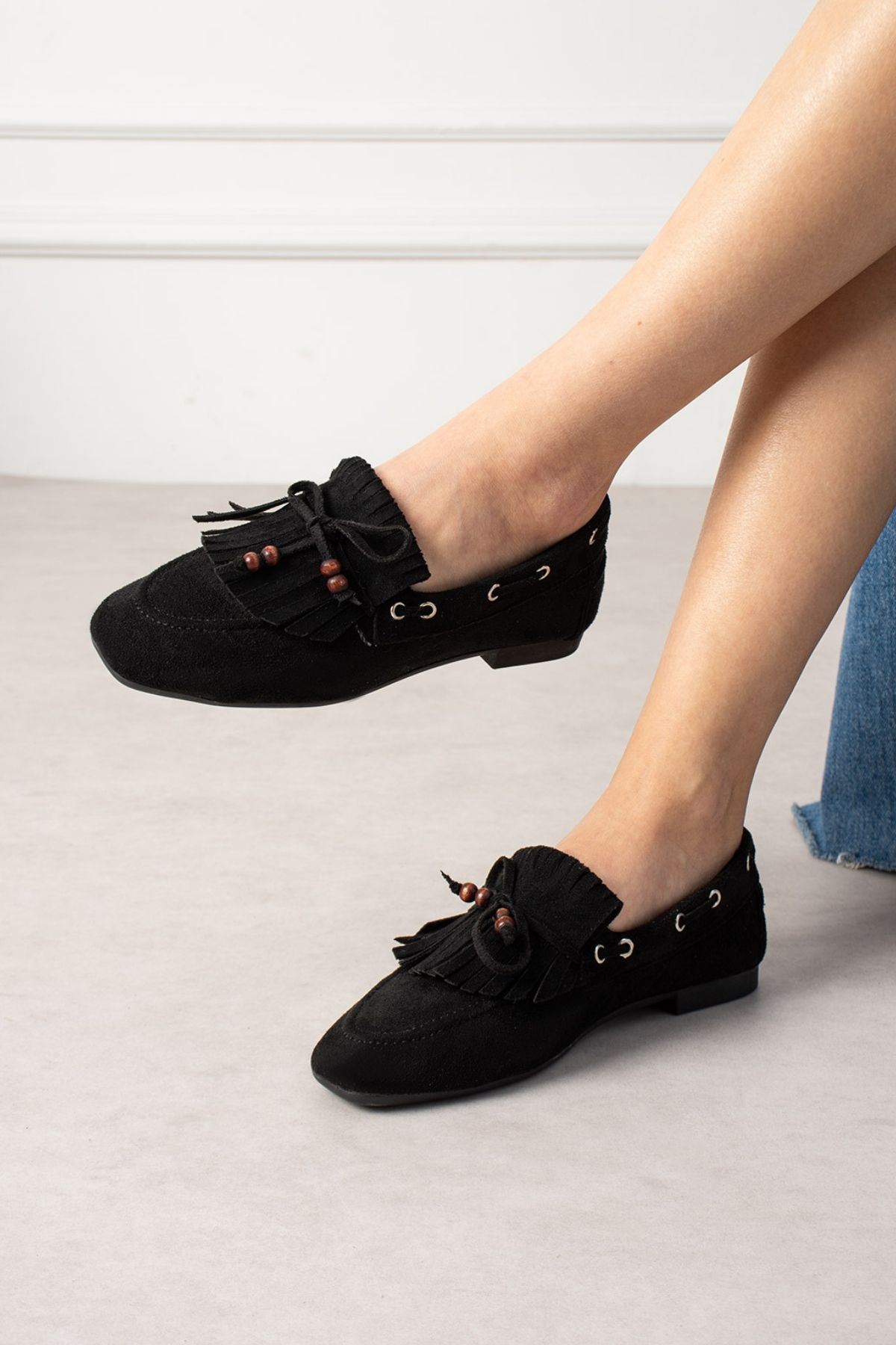 FUGA MODA Ravello Siyah Süet Boncuk Detaylı Püsküllü Bağcıklı Loafer Babet Günlük Ayakkabı görsel 2