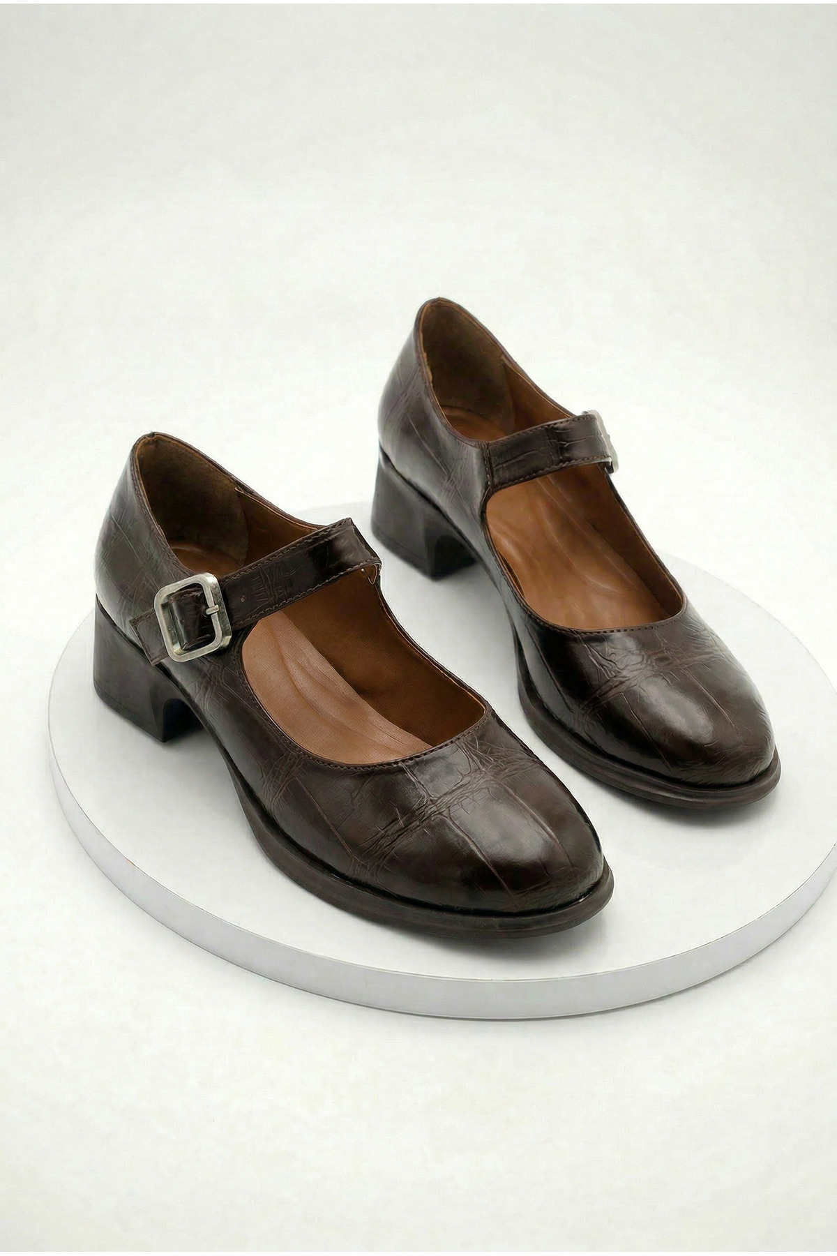 Shoesers  Kadın Kahve Krokodil Tasarım Loafer Tokalı Günlük Kalın Topuklu Ayakkabı Balerin Loafer