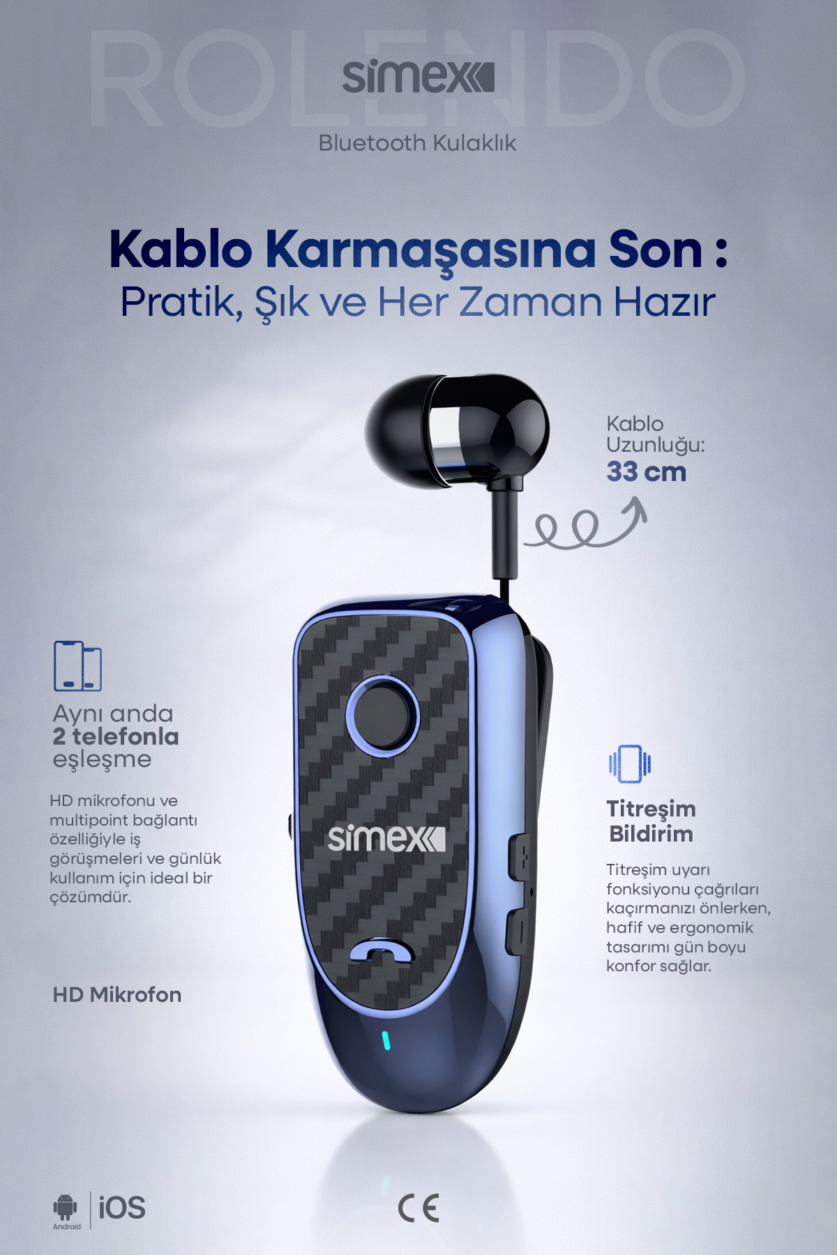 Roller Vibrating Bluetooth Headset - Roller Headset with Collar Strap - Rolendo