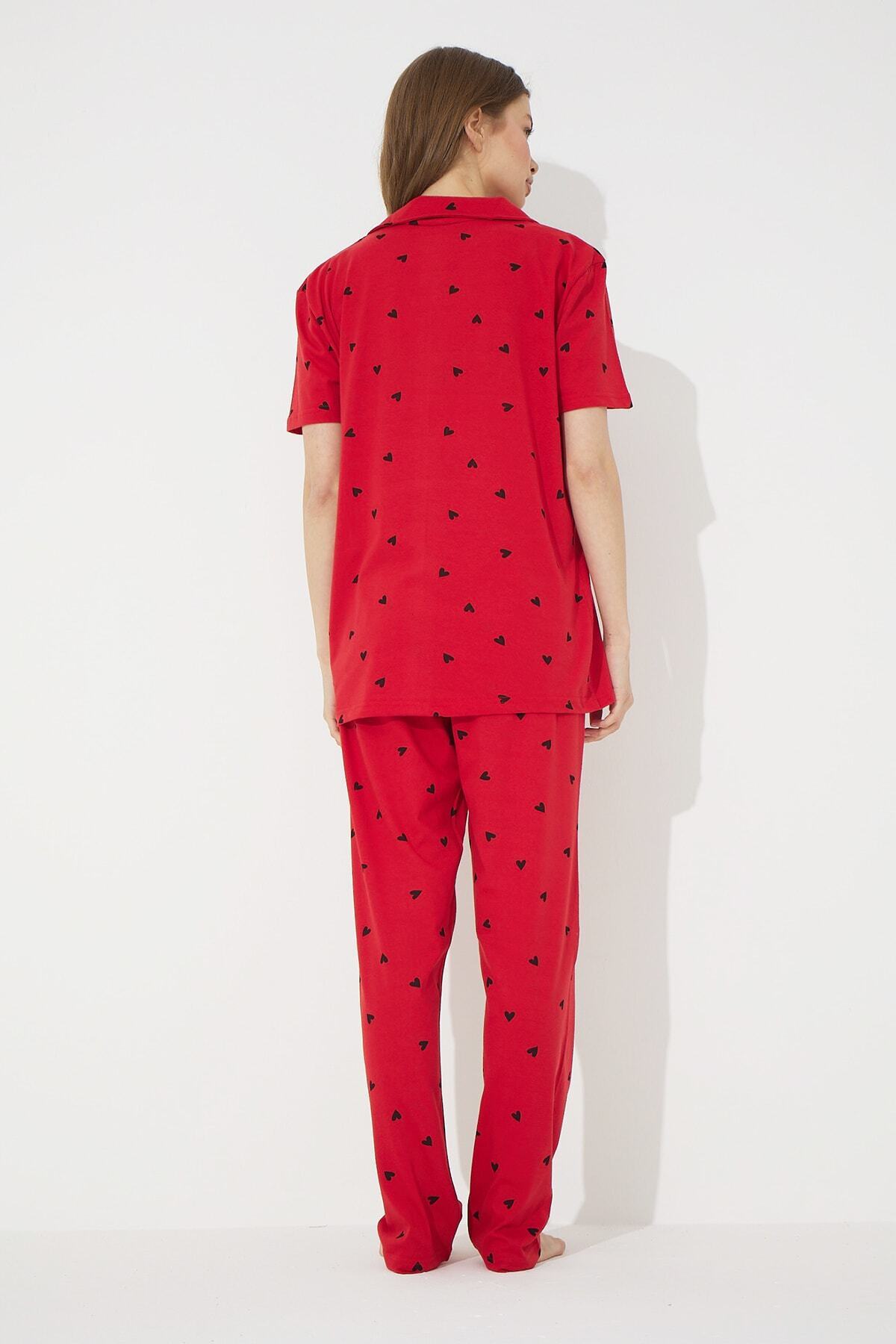 Siyah İnci  Kırmızı Kısa Kollu Pamuklu Düğmeli Pijama Takımı - Görsel 3