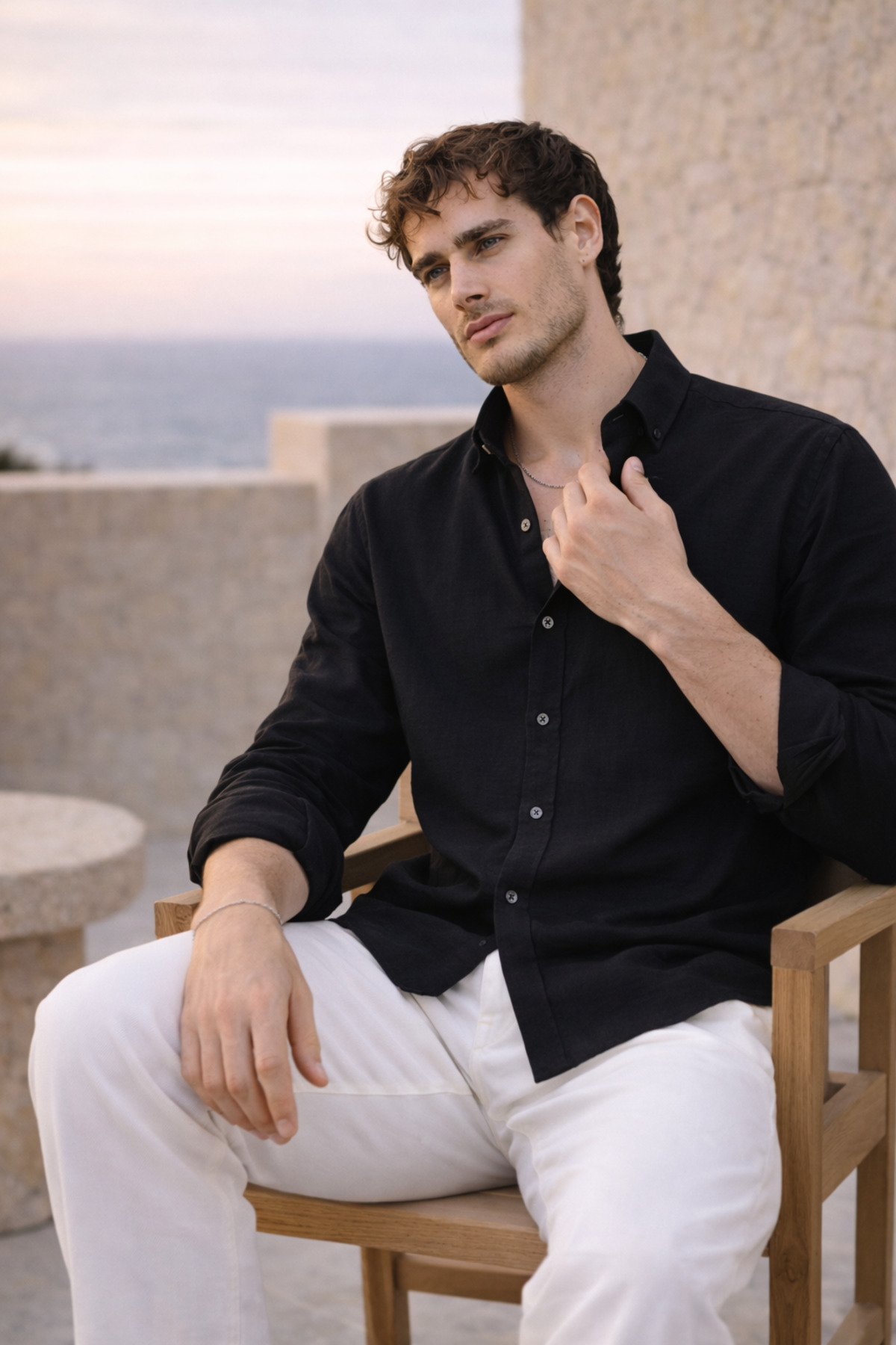 Valiberta  Scott – Soft Dokulu Yarım Oversize Modern Keten Görünümlü Erkek Gömlek - Siyah