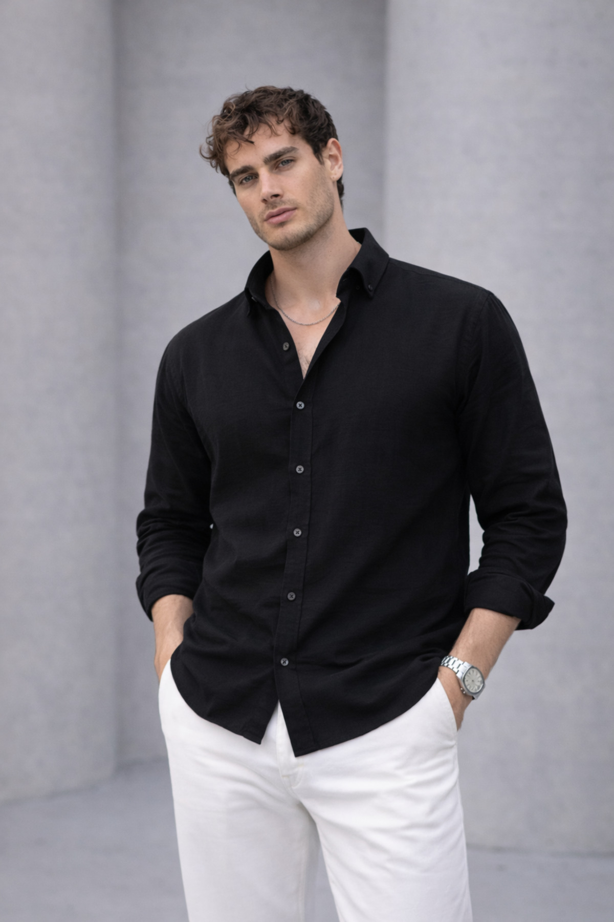 Valiberta  Scott – Soft Dokulu Yarım Oversize Modern Keten Görünümlü Erkek Gömlek - Siyah - Görsel 3