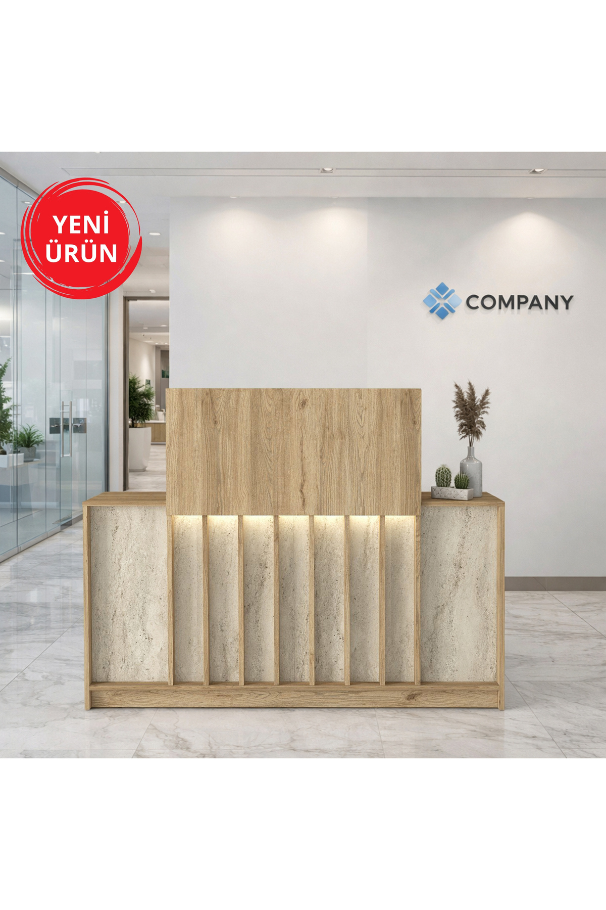 Davis Welcome Desk with Led 150 cm Office Safe Reception Desk Basket - Travertine