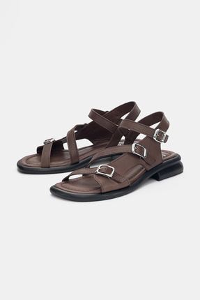 selin shoes Bloss 3'lü Lastik Toka Detaylı Hakiki Deri Kadın Sandalet- KAHVER...
