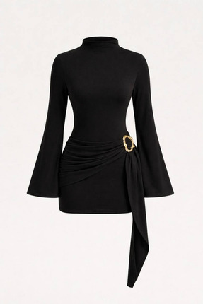 oshebu Siyah - Kadın Dik Yaka Toka Detaylı Kuşaklı Mini Elbise