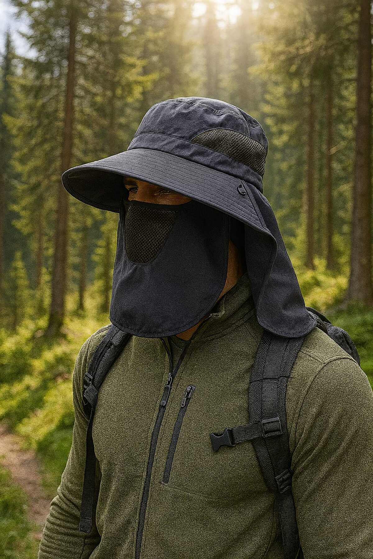 Breathable Fisherman Hat with Sunscreen, Mask and Neck Cover with Wide Edge