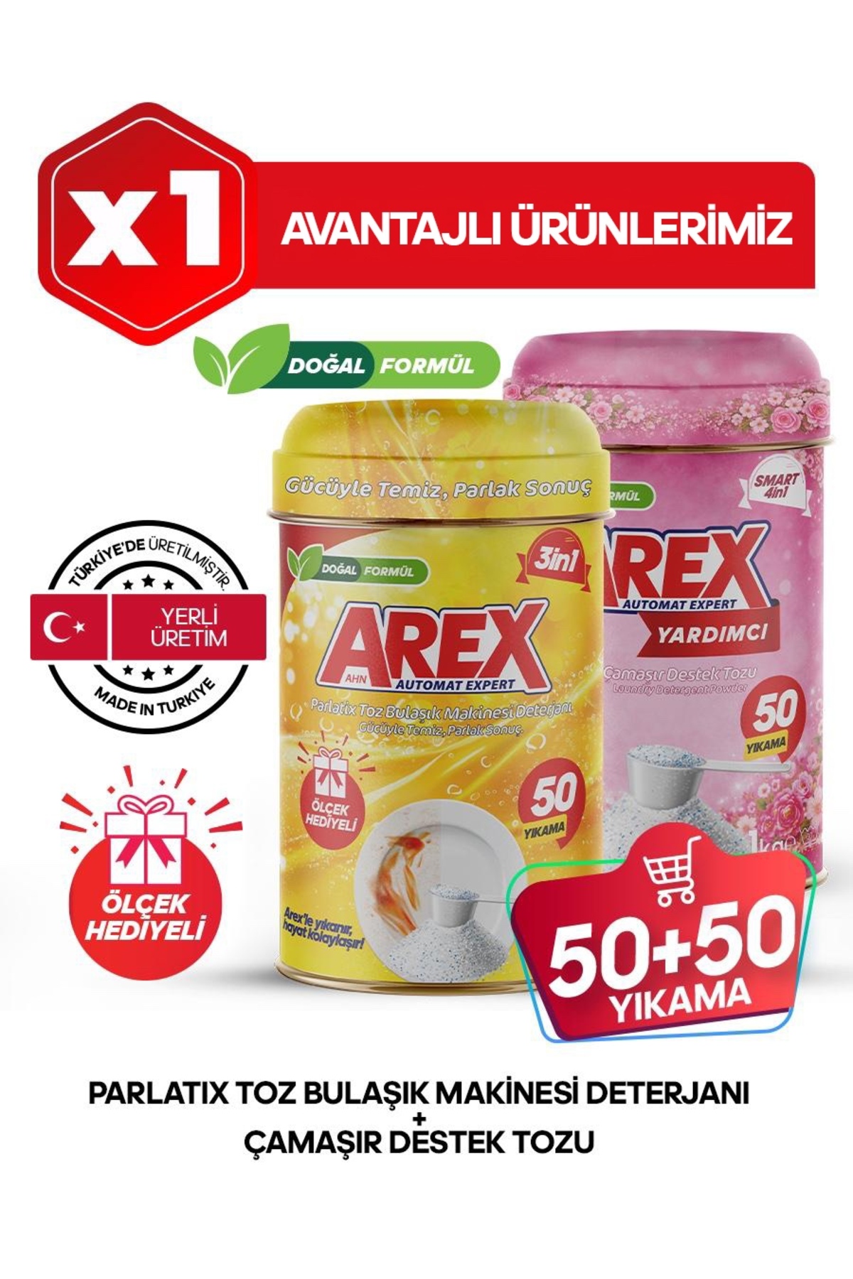 AREX Parlatix Bulaşık Makinesi Deterjanı + Çamaşır Destek Tozu 100 Yıkama (50+50) Ölçek Hediyeli
