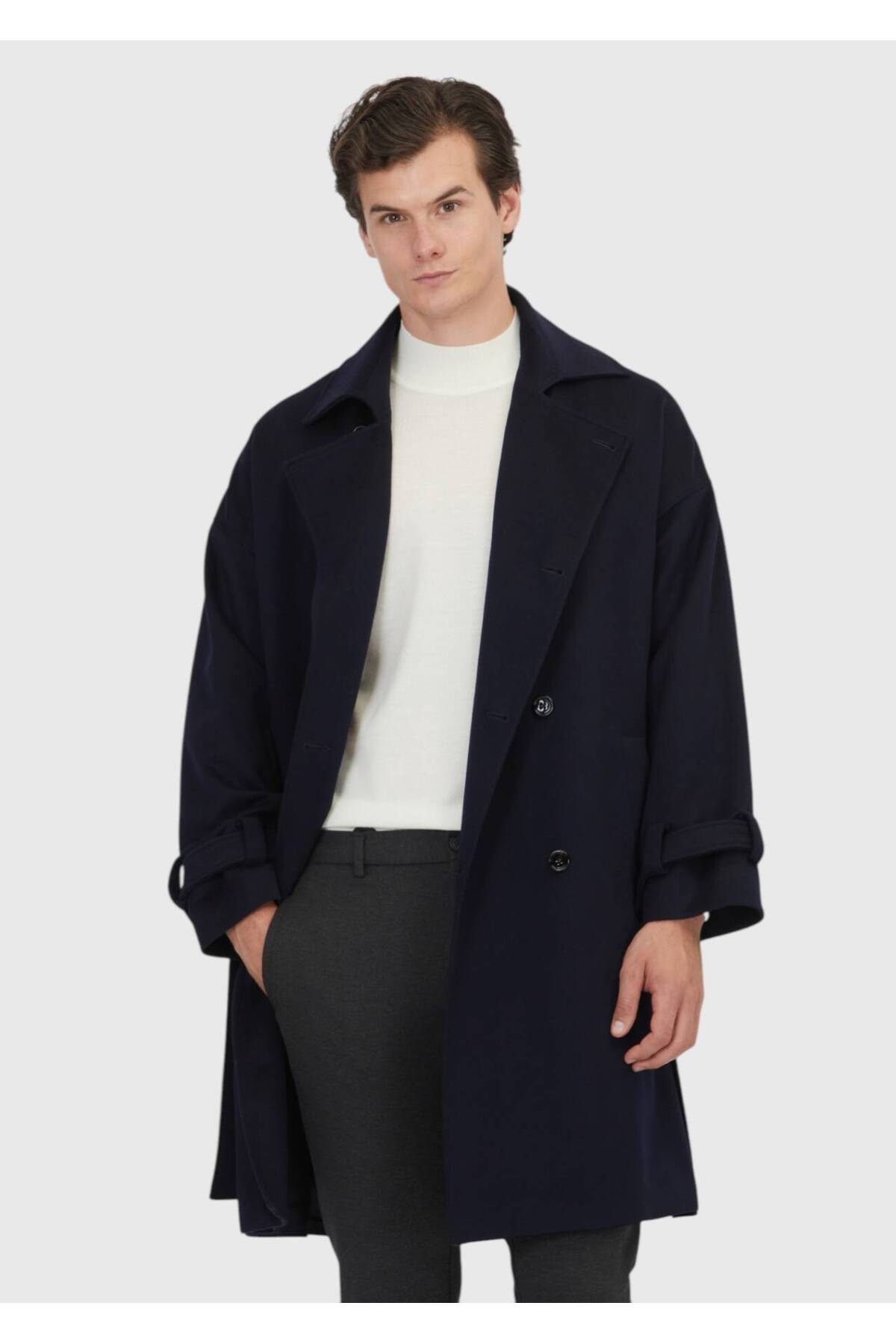 Ramsey Lacivert Oversize Fit Kruvaze Yaka Casual Dokuma Palto görsel 3