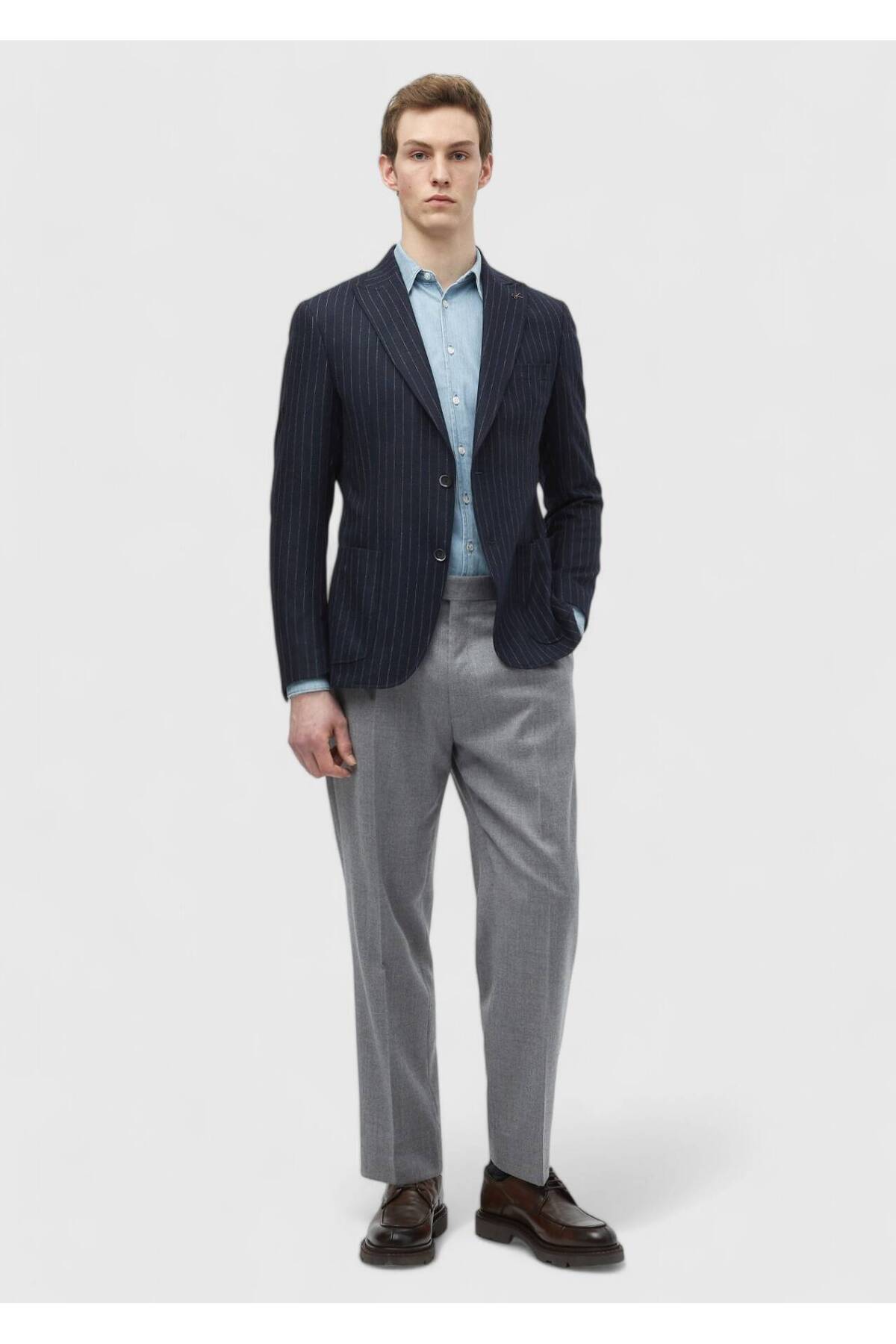 Ramsey  Lacivert Çizgili Zeroweight Slim Fit Yün Karışımlı Ceket - Görsel 2