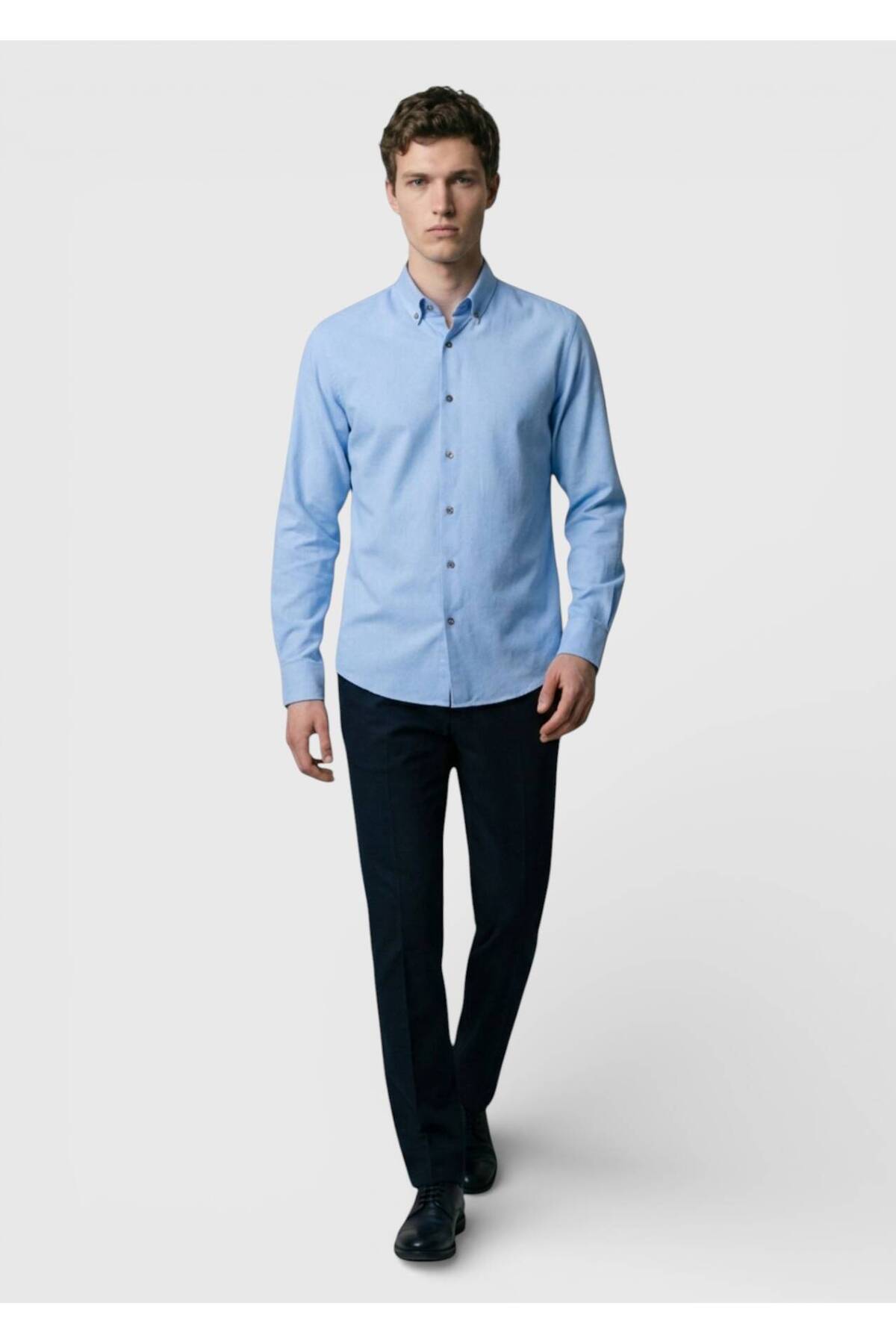 Ramsey  Mavi Düz Regular Fit Dokuma Casual %100 Pamuk Gömlek - Görsel 2