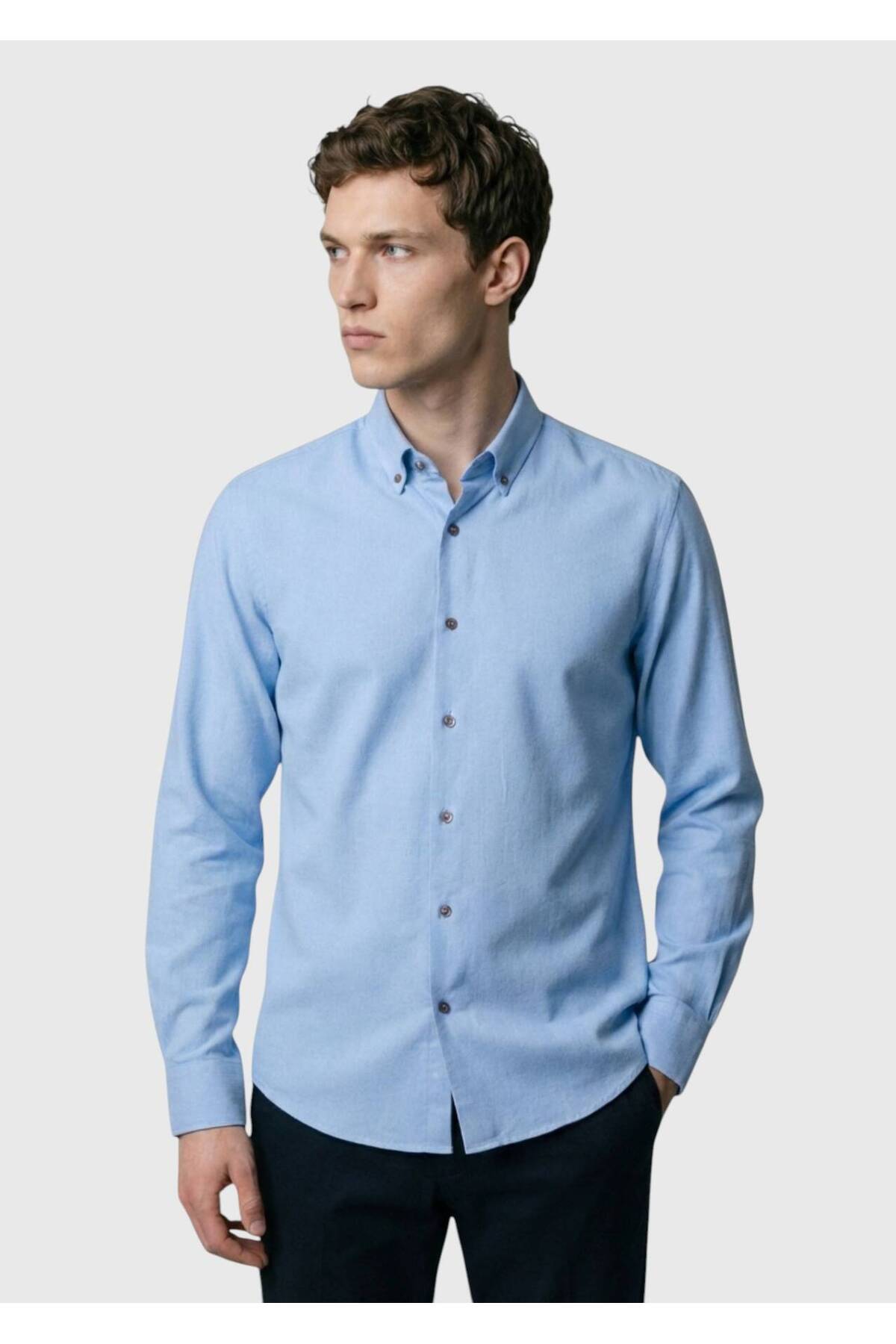 Ramsey  Mavi Düz Regular Fit Dokuma Casual %100 Pamuk Gömlek