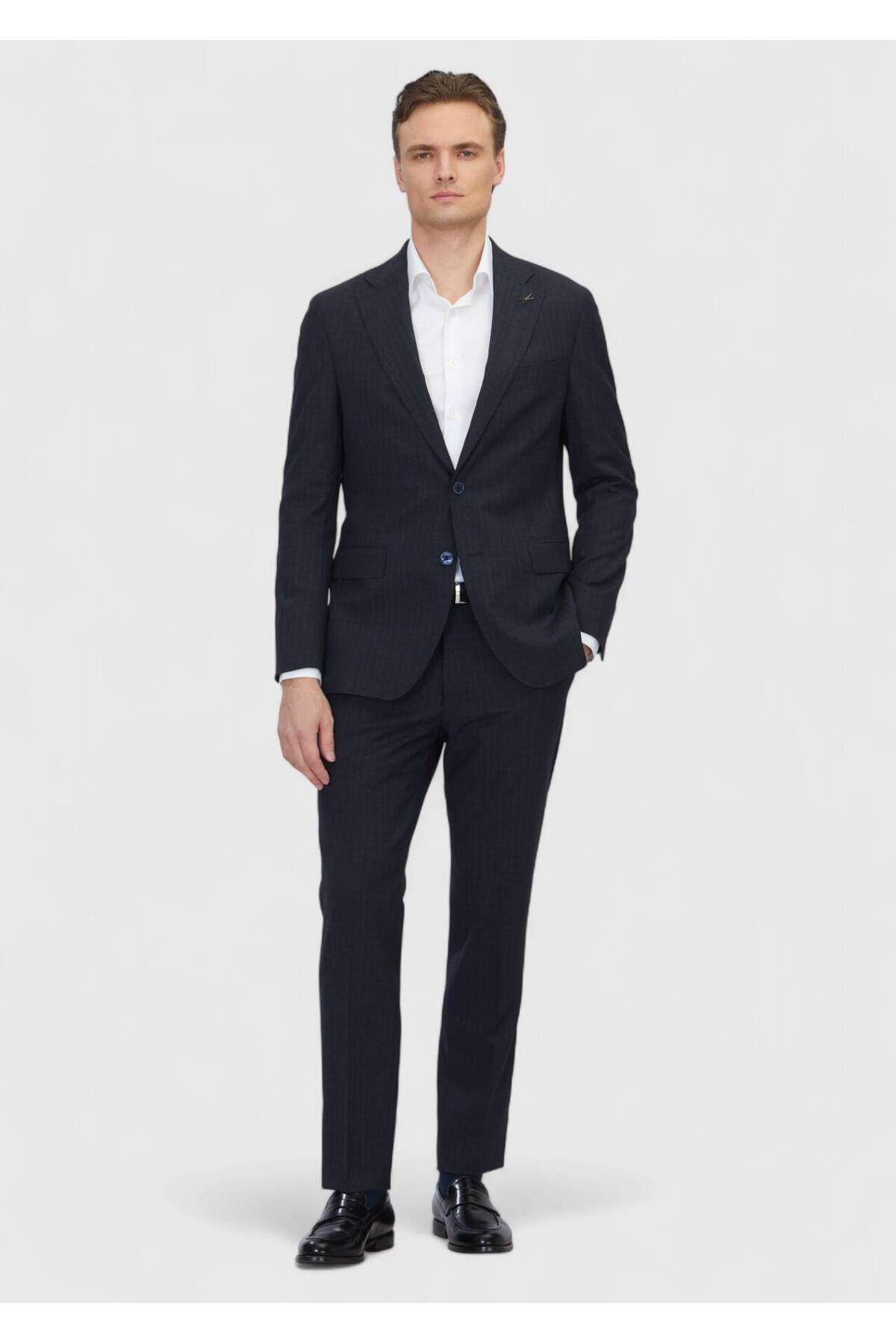 Ramsey Koyu Lacivert Desenli Zeroweight Slim Fit %100 Yün Takım Elbise görsel 2