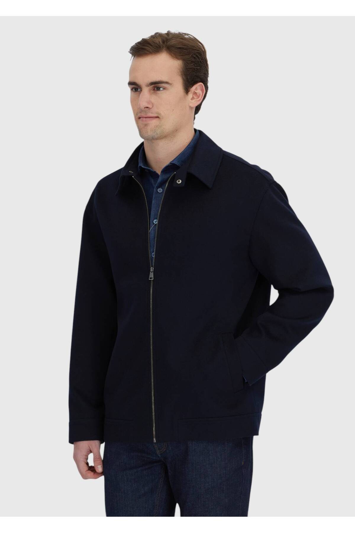 Lacivert Regular Fit Gömlek Yaka Casual Dokuma Mont — رنگارنگ 10157928 — تصویر 3 از 6