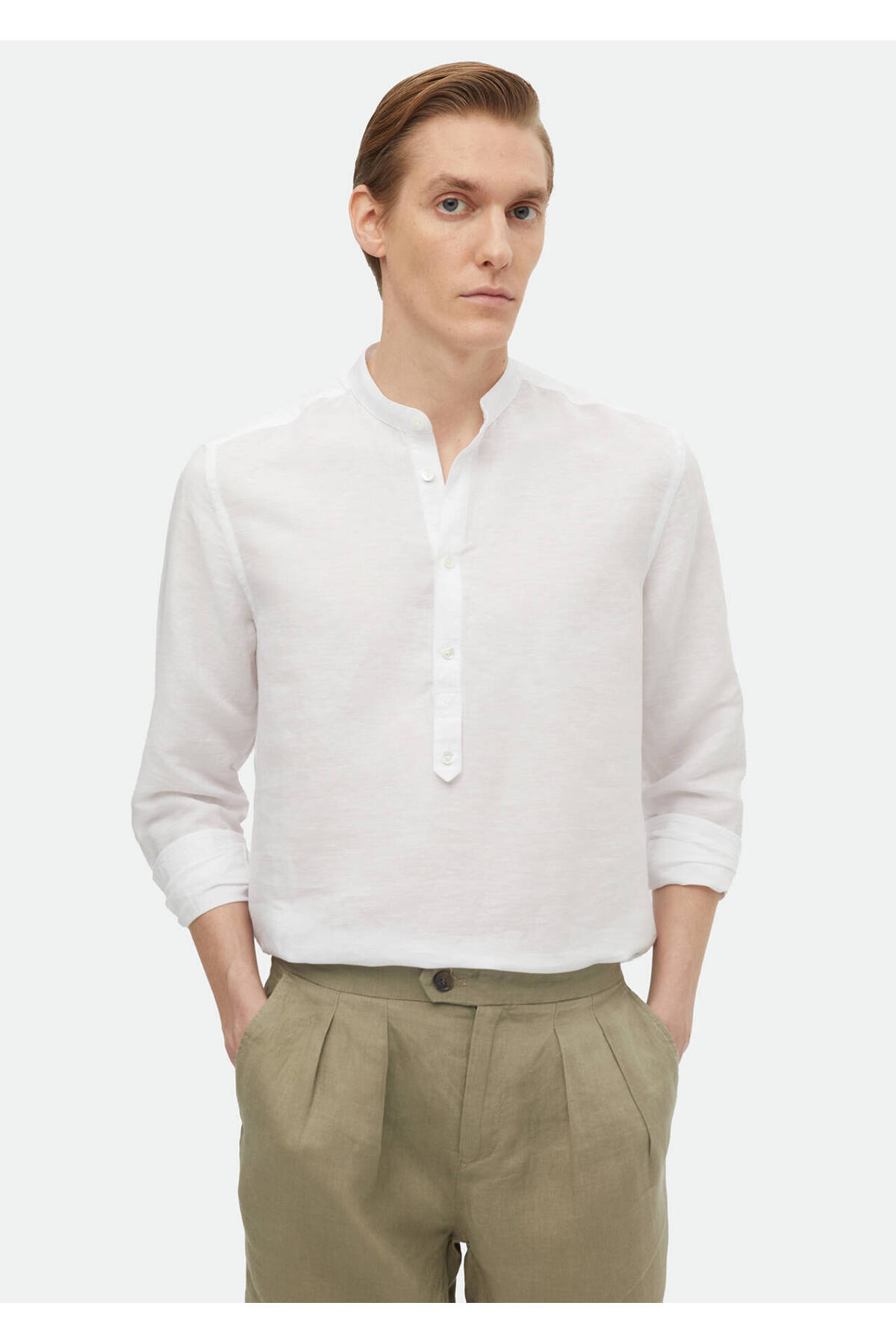 Ecru Plain Regular Fit Woven Casual Cotton Blend Shirt