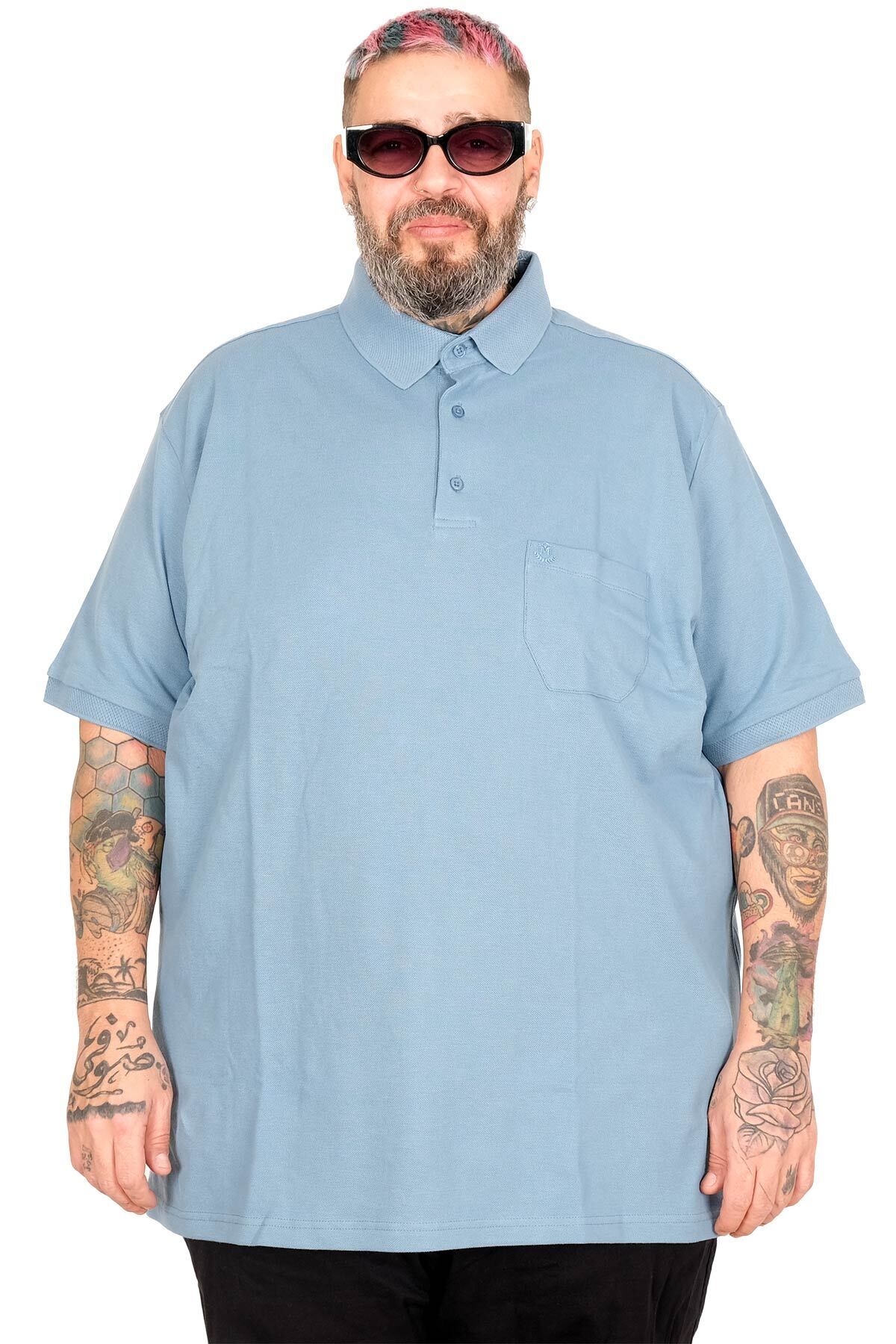 Mode XL Plus Size Men's T-Shirt Polo Neck Classic Quilting with Pocket 20552 Blue