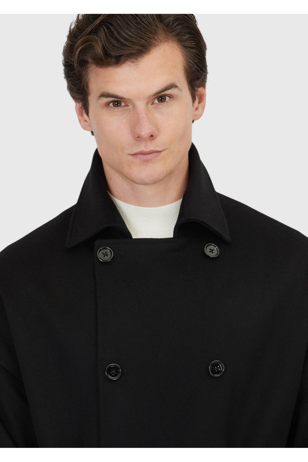 Ramsey  Siyah Oversize Fit Casual Dokuma Palto - Görsel 4