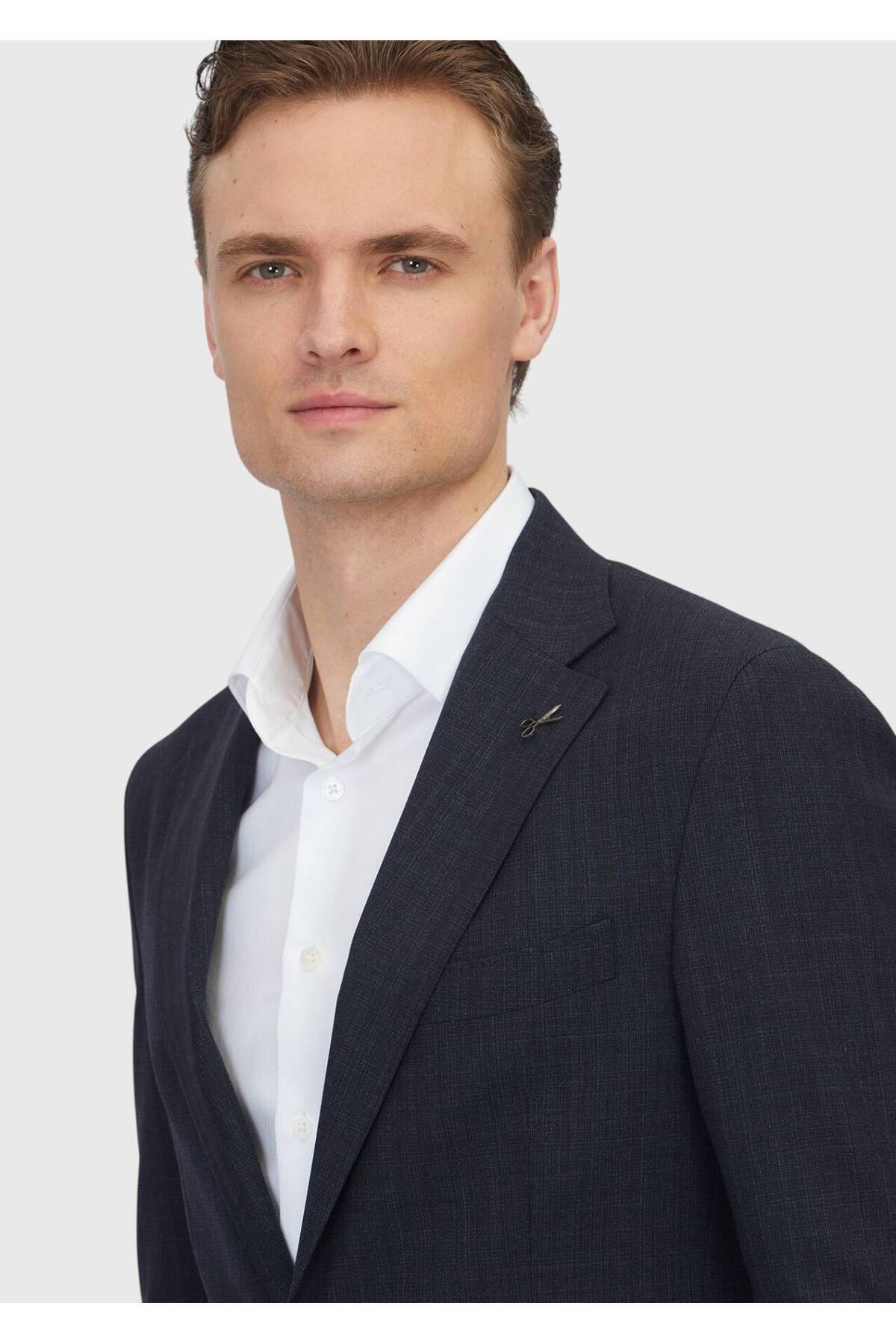 Ramsey Koyu Lacivert Desenli Zeroweight Slim Fit %100 Yün Takım Elbise görsel 3