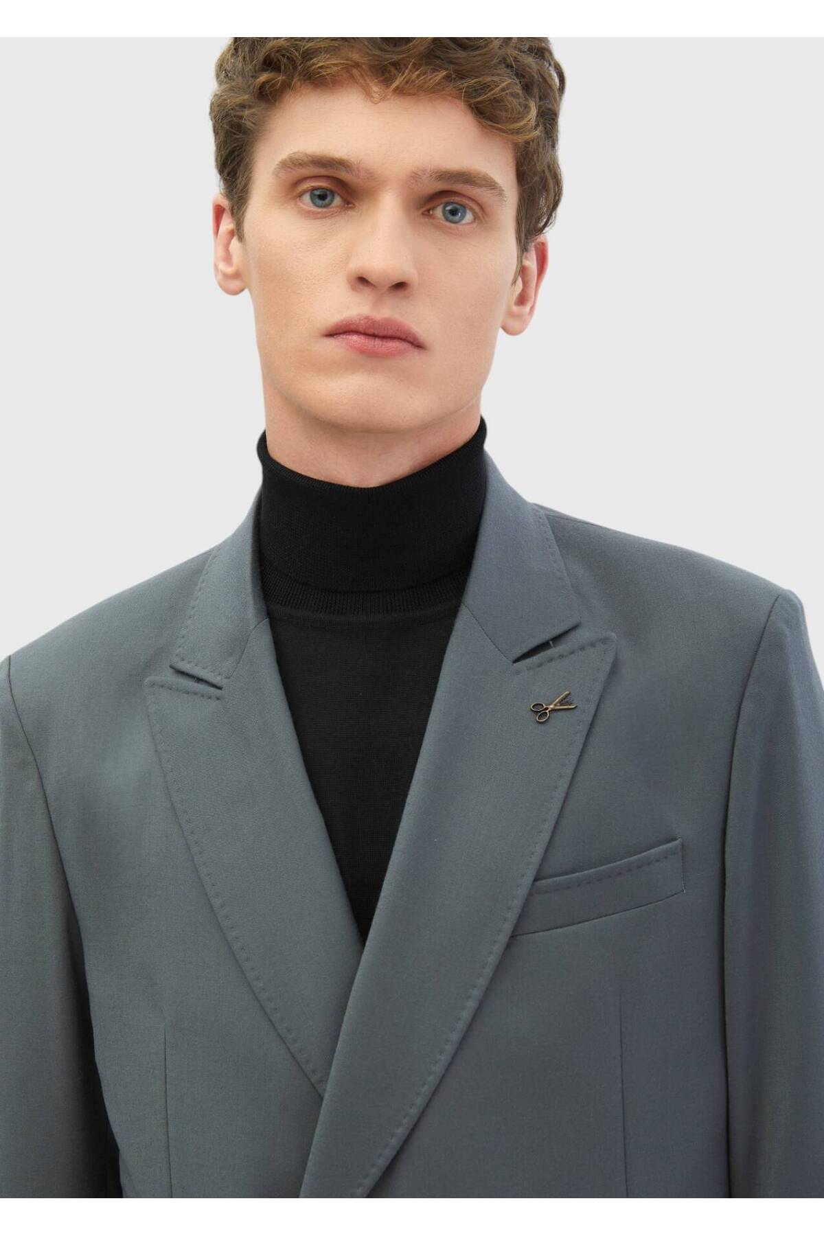 Ramsey Koyu Gri Çizgili Oversize Fit %100 Yün Takım Elbise görsel 5