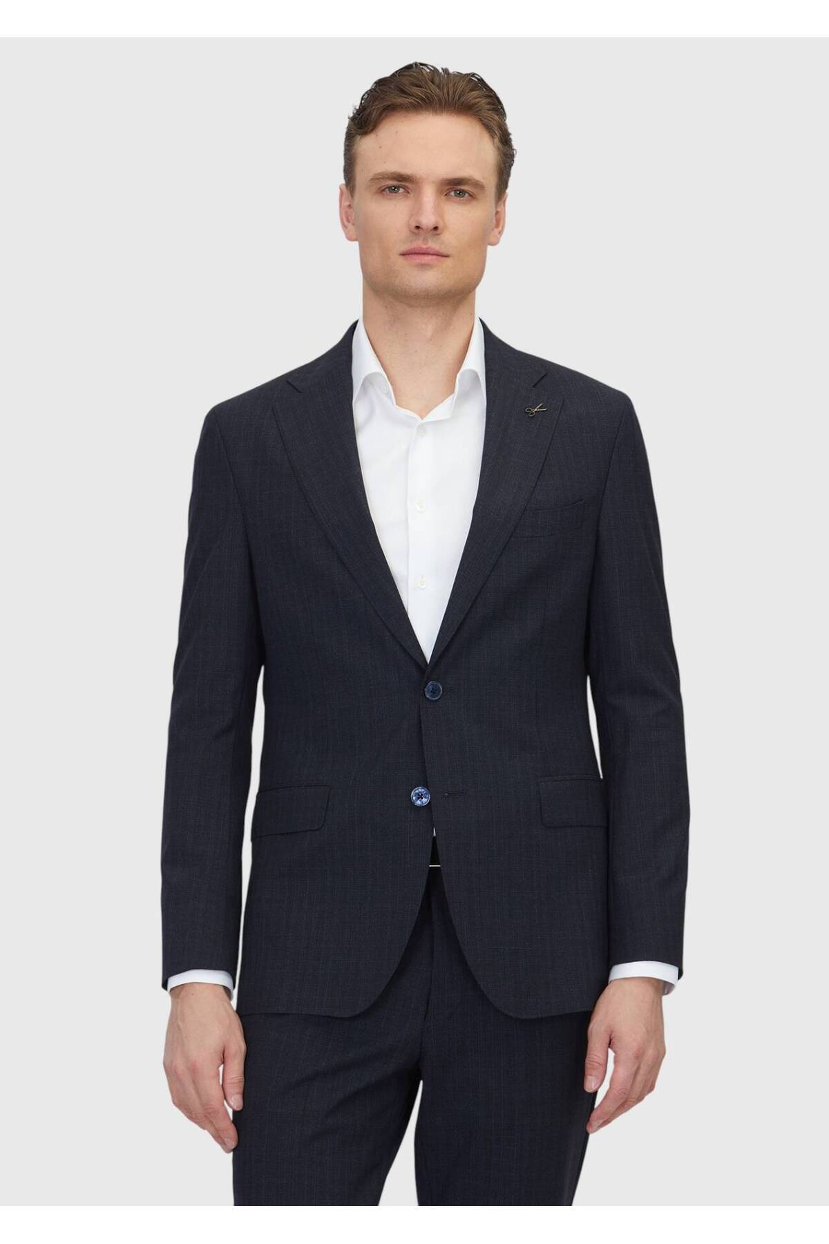 Ramsey Koyu Lacivert Desenli Zeroweight Slim Fit %100 Yün Takım Elbise