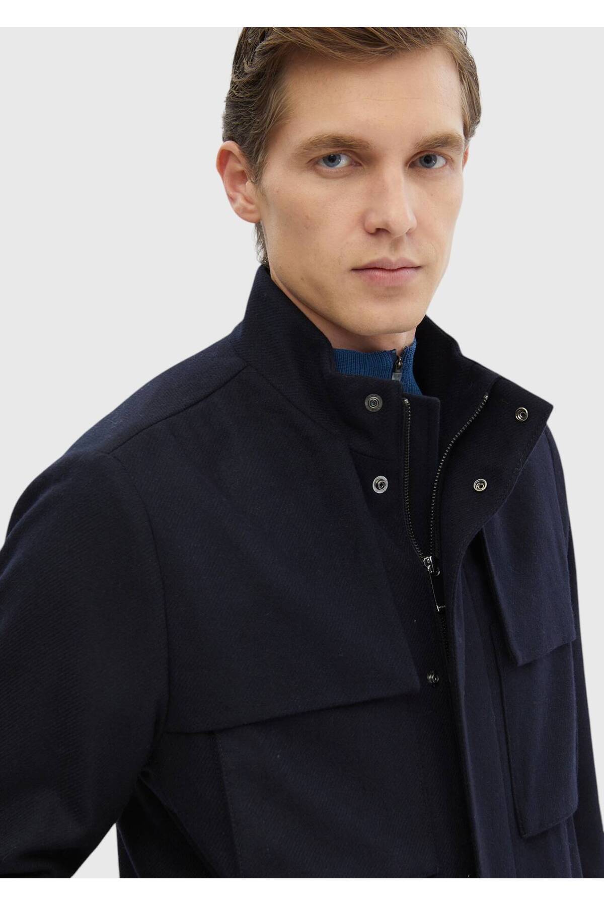 Ramsey Lacivert Regular Fit Dik Yaka Casual Dokuma Mont görsel 6