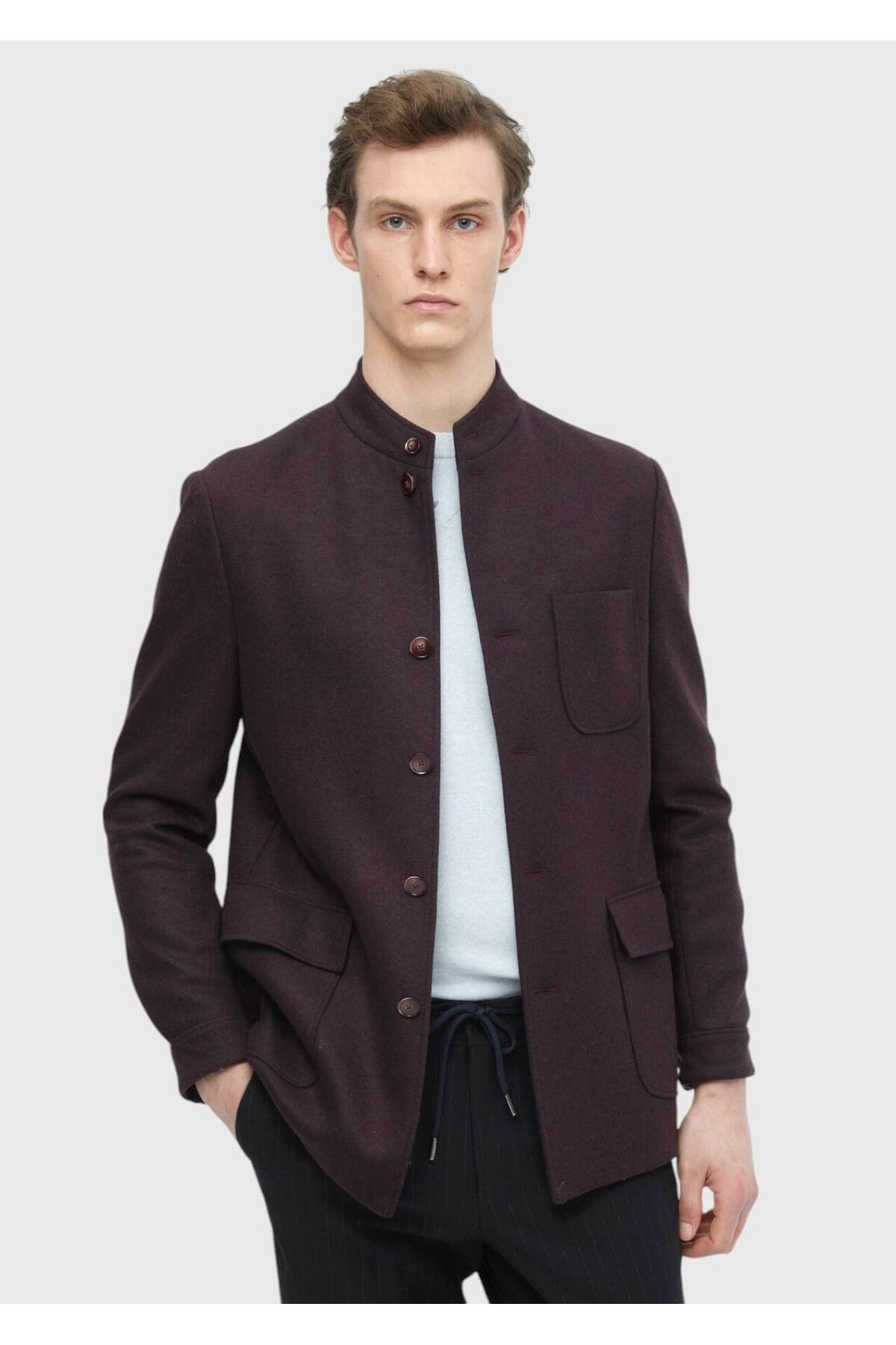 Ramsey  Bordo Düz Shirt Shoulder Slim Fit Yün Karışımlı Örme Ceket - Görsel 3