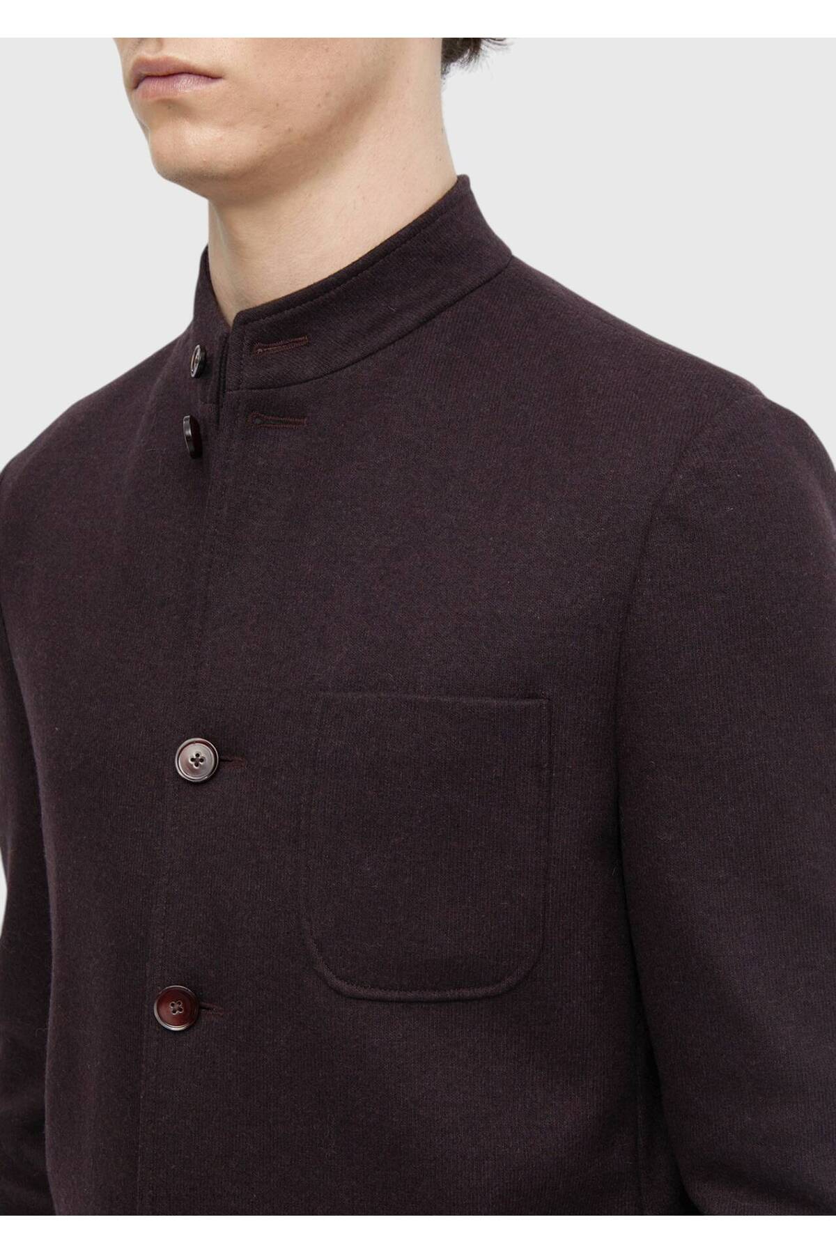 Ramsey  Bordo Düz Shirt Shoulder Slim Fit Yün Karışımlı Örme Ceket - Görsel 5
