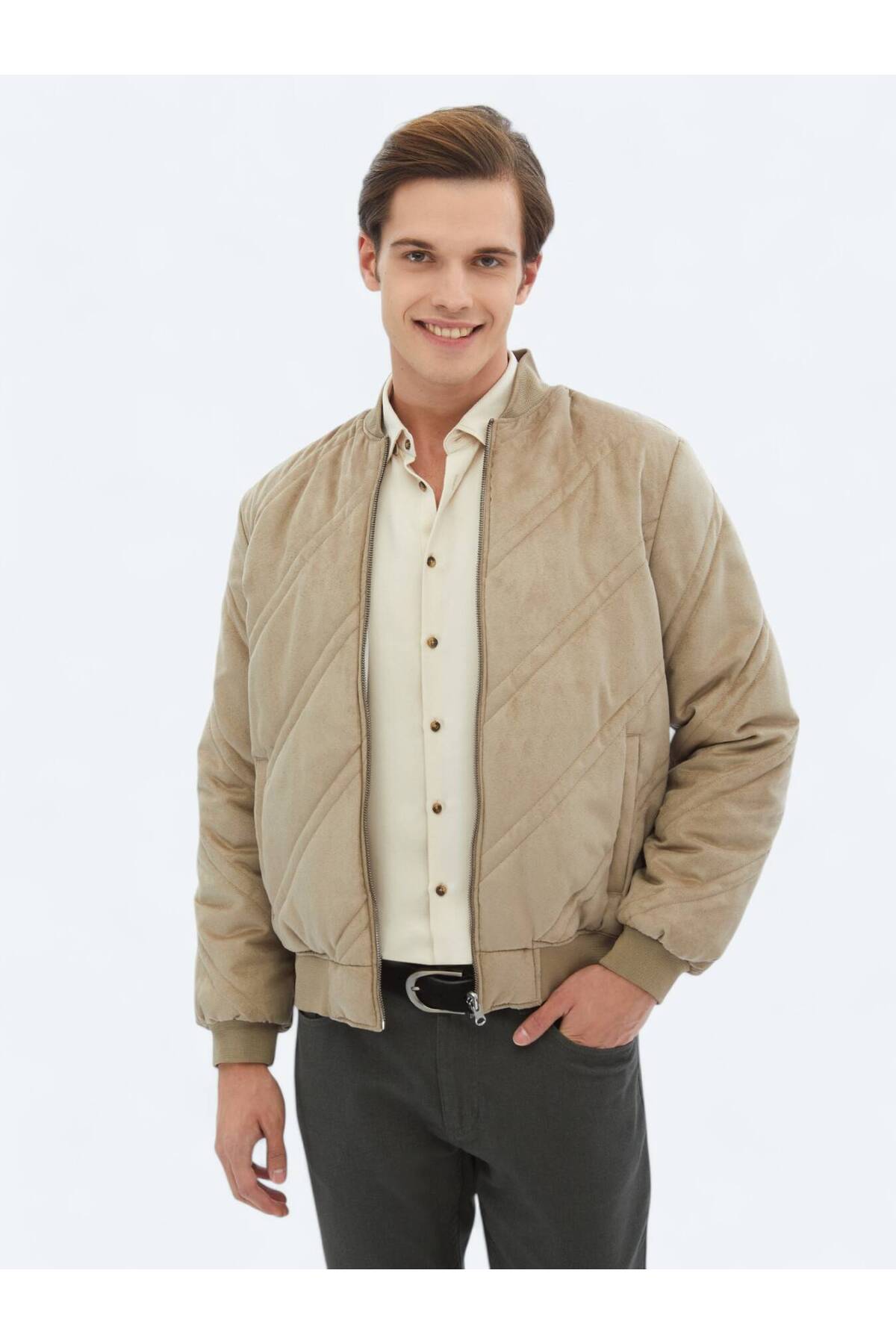 Kip Bej Regular Fit Dik Yaka Casual Dokuma Mont görsel 3