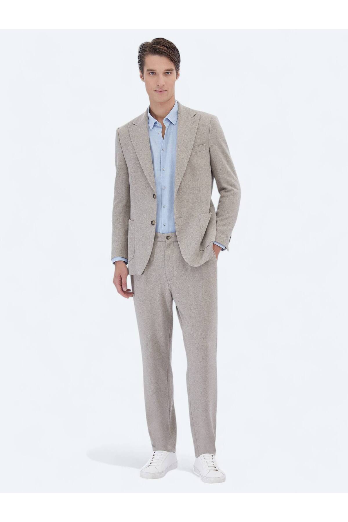 Bej Desenli Modern Fit Pamuk Karışımlı Örme Takım Elbise — بژ 10151072-550 — تصویر 2 از 6