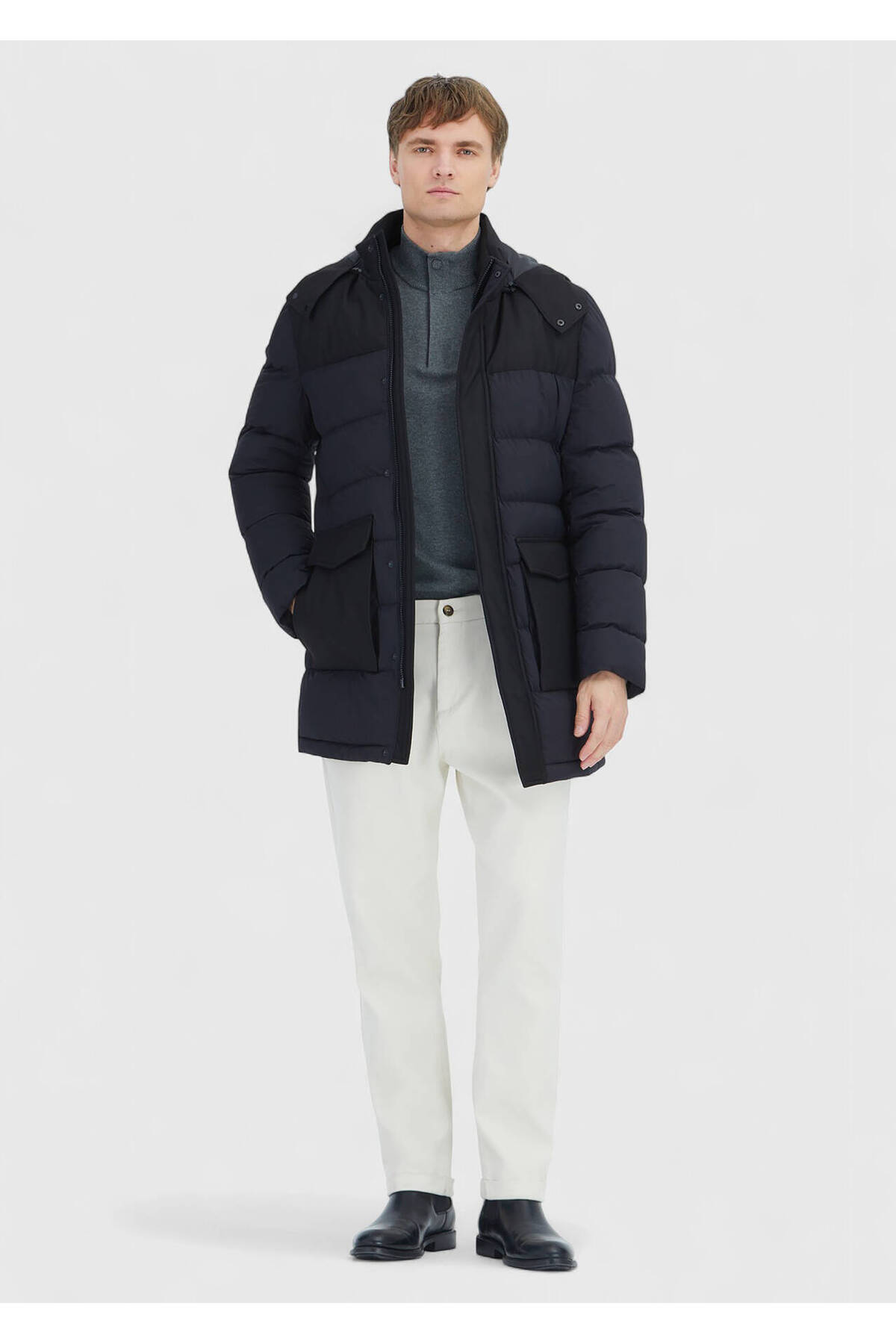 Ramsey  Siyah Regular Fit Kapüşonlu Klasik Dokuma Kaban - Görsel 2