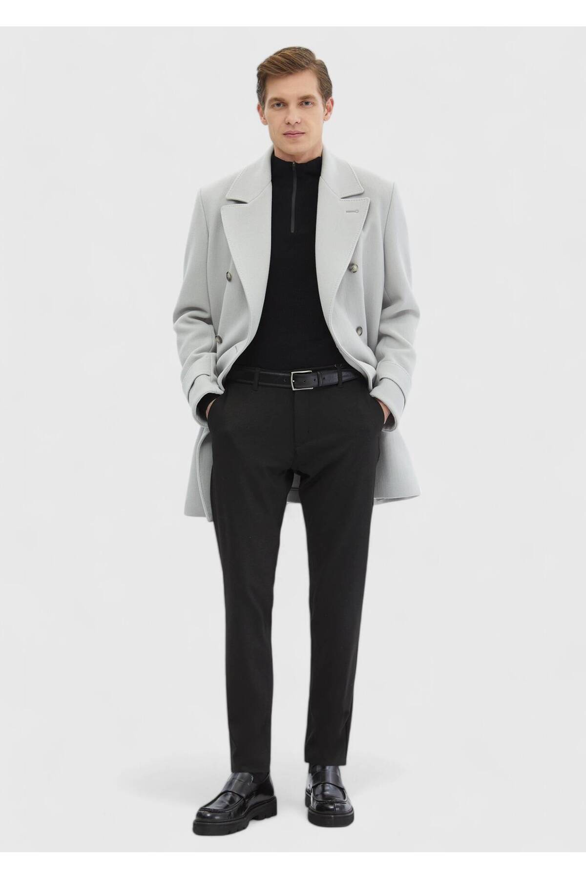 Ramsey  Gri Regular Fit Kruvaze Yaka Casual Dokuma Palto