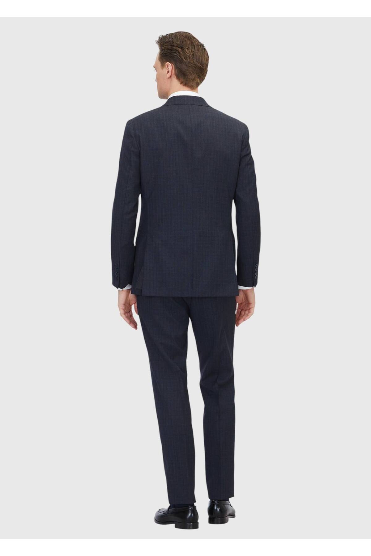 Ramsey Koyu Lacivert Desenli Zeroweight Slim Fit %100 Yün Takım Elbise görsel 6