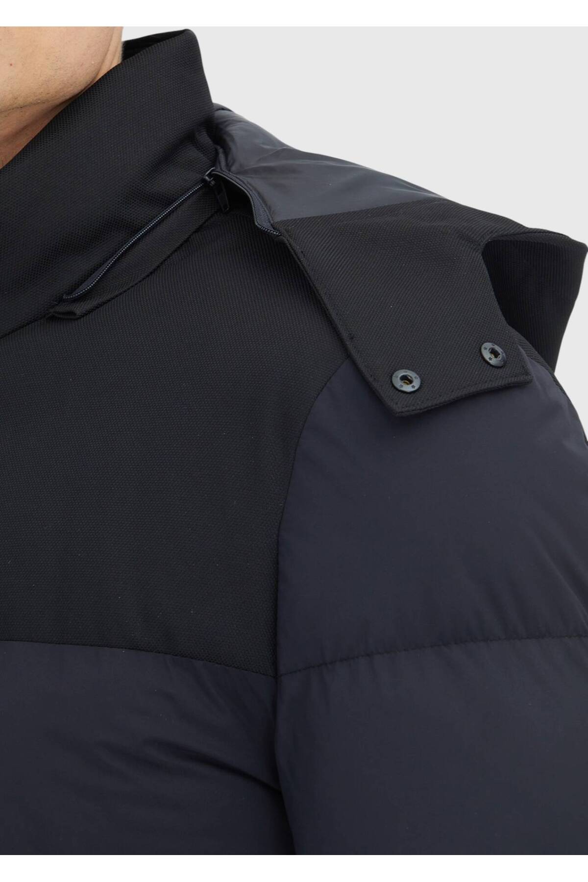 Ramsey  Siyah Regular Fit Kapüşonlu Klasik Dokuma Kaban - Görsel 5