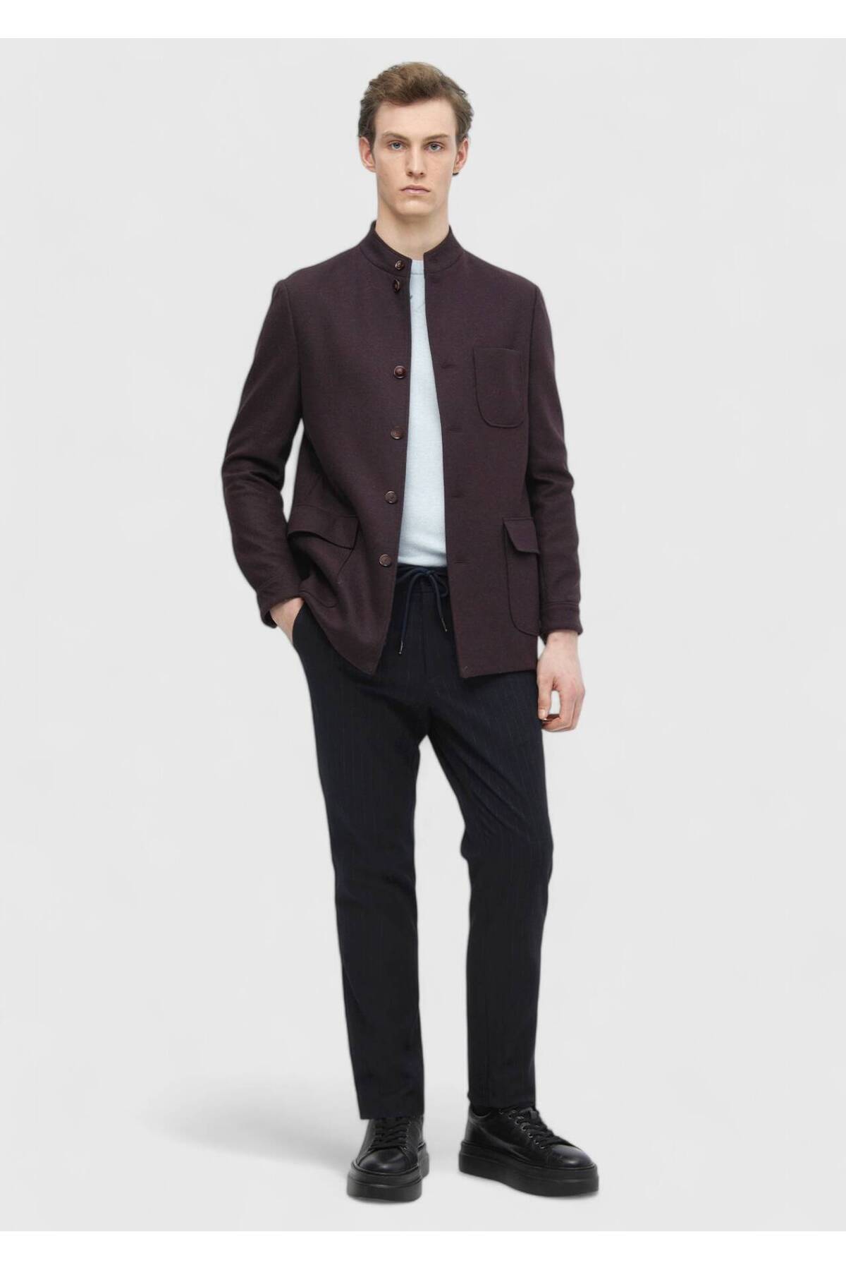 Ramsey  Bordo Düz Shirt Shoulder Slim Fit Yün Karışımlı Örme Ceket - Görsel 2