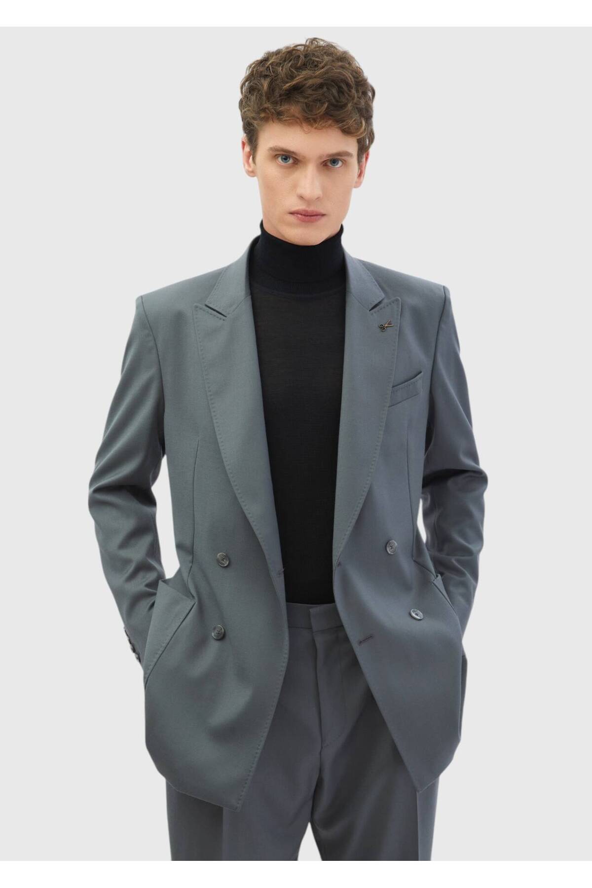 Ramsey Koyu Gri Çizgili Oversize Fit %100 Yün Takım Elbise görsel 3