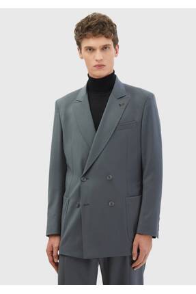 Ramsey Koyu Gri Çizgili Oversize Fit %100 Yün Takım Elbise