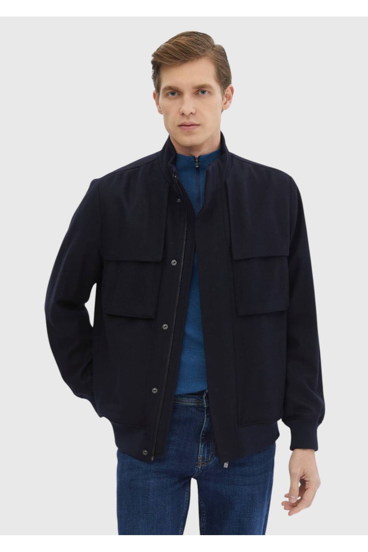 Ramsey Lacivert Regular Fit Dik Yaka Casual Dokuma Mont görsel 3