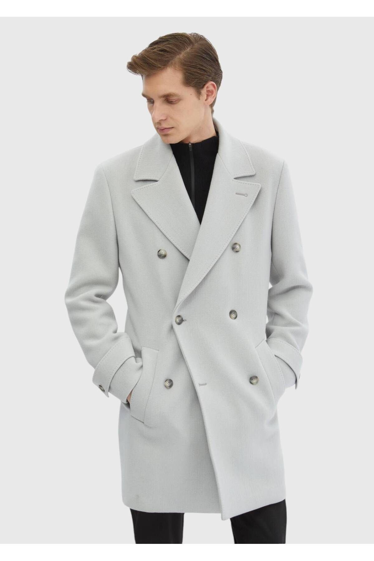 Ramsey  Gri Regular Fit Kruvaze Yaka Casual Dokuma Palto - Görsel 3